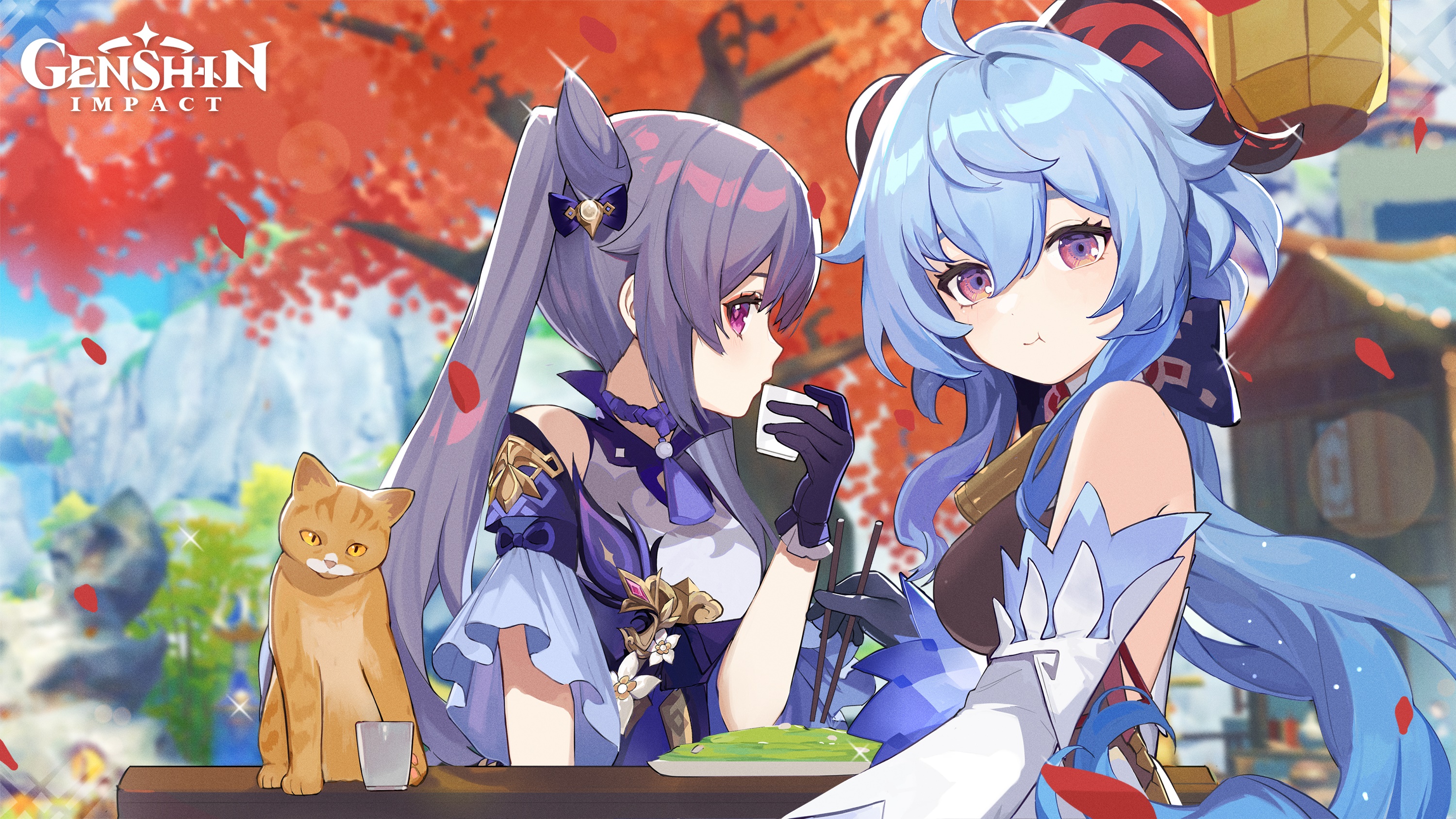 Keqing and Ganyu from Genshin Impact with a cat HD Wallpaper