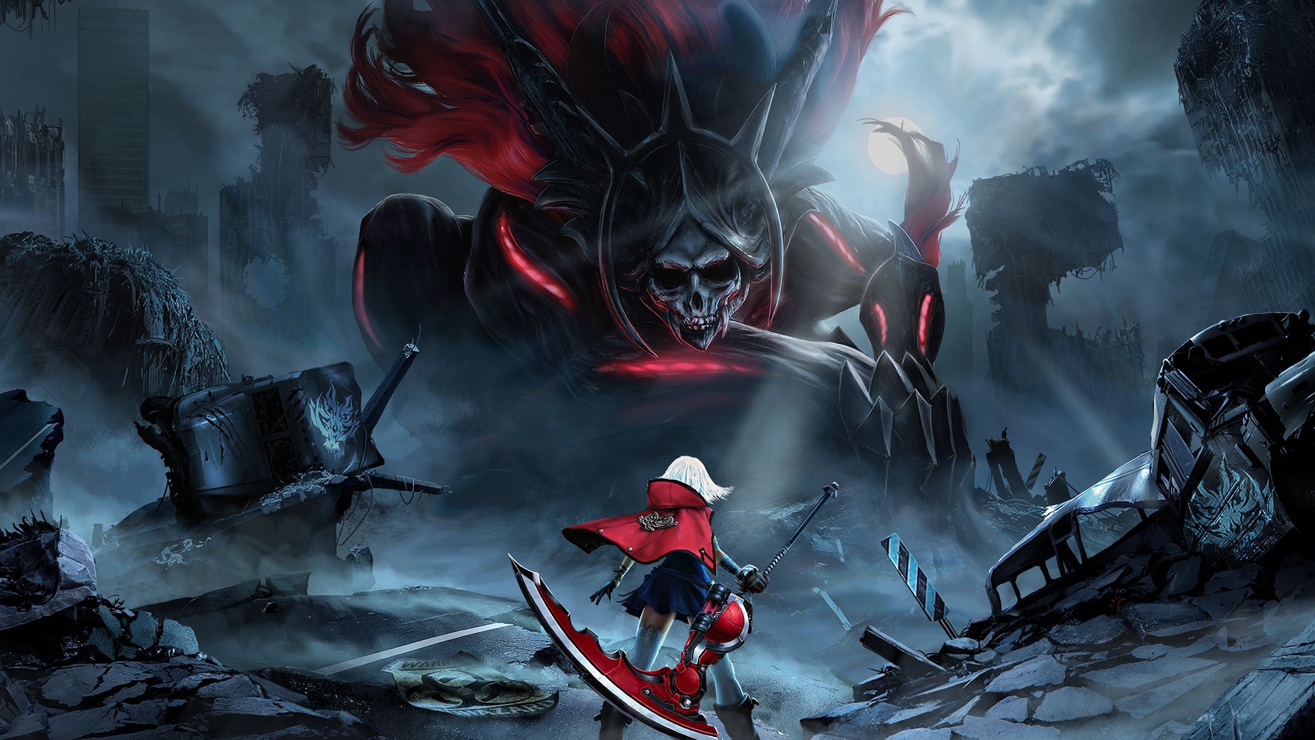 Girl with scythe facing a monstrous skull creature in God Eater 2 Rage Burst HD Wallpaper