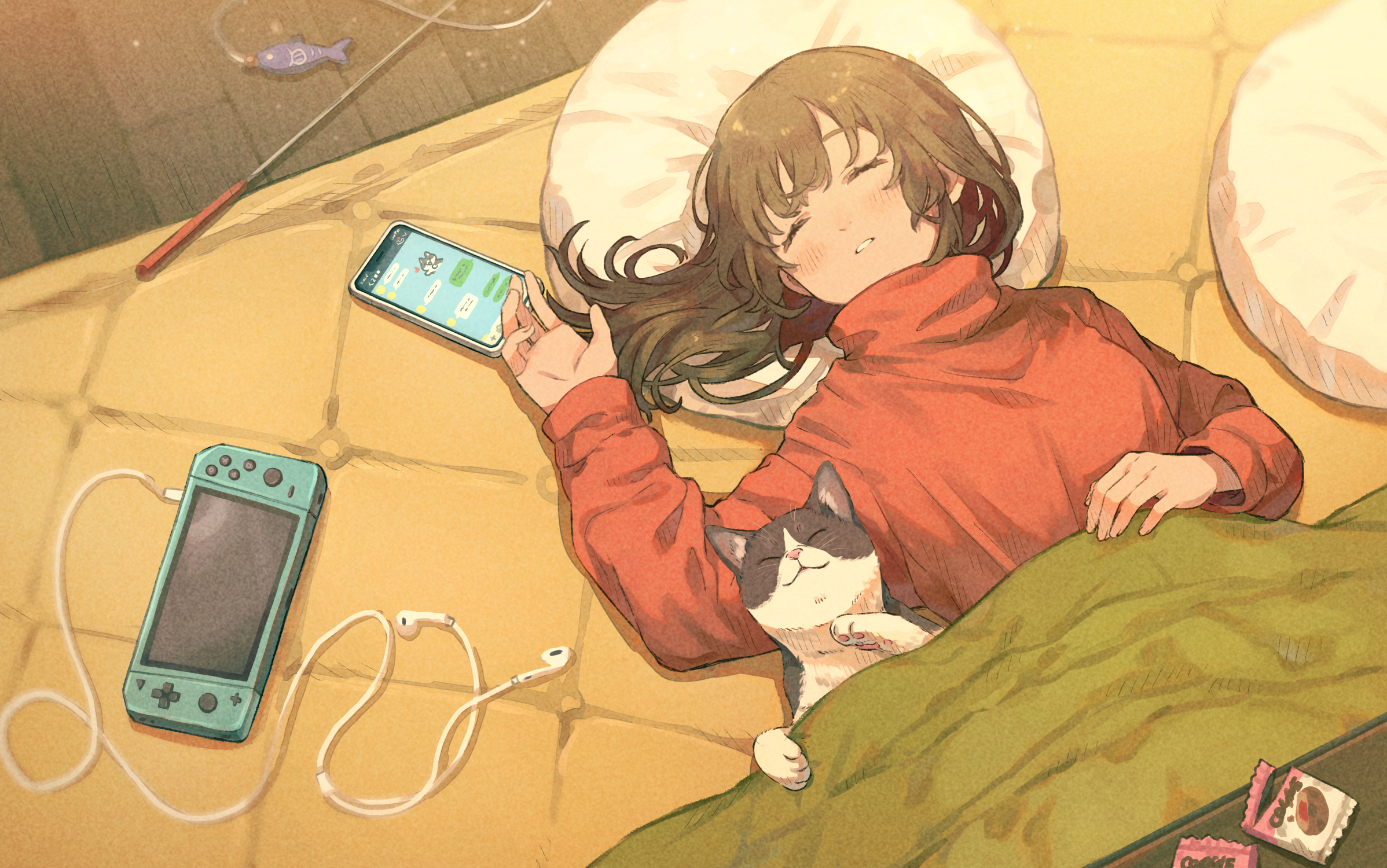 Girl sleeping with cat and gaming devices HD Wallpaper