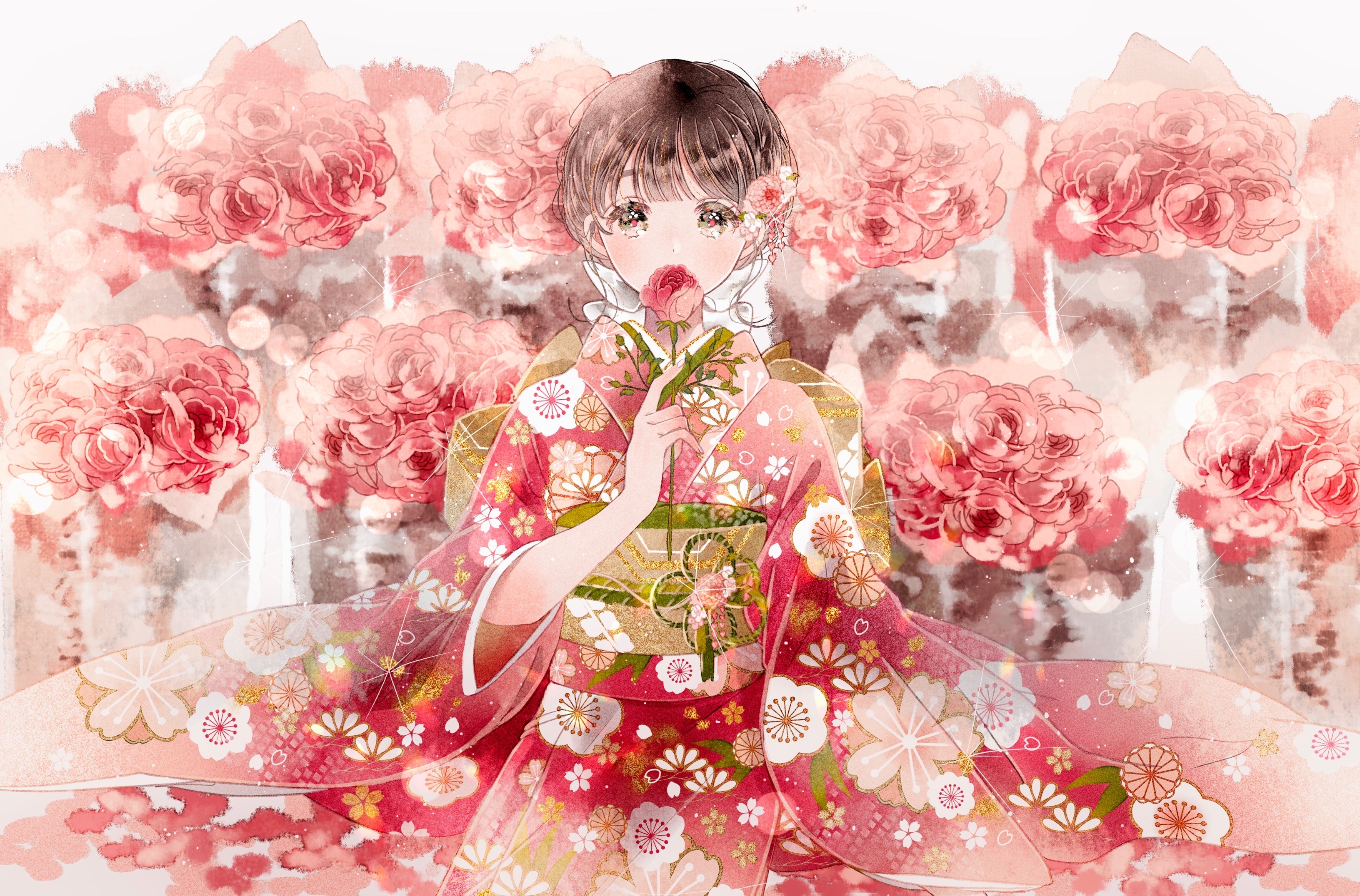 Girl in Kimono Holding a Rose with Pink Flowers HD Wallpaper