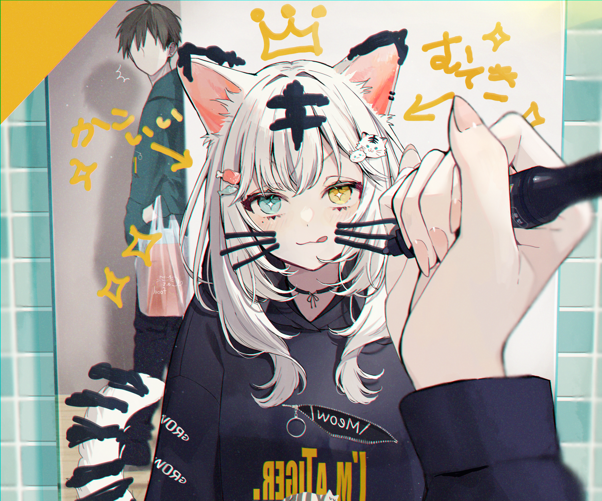 Anime girl with tiger ears drawing a boy HD Wallpaper