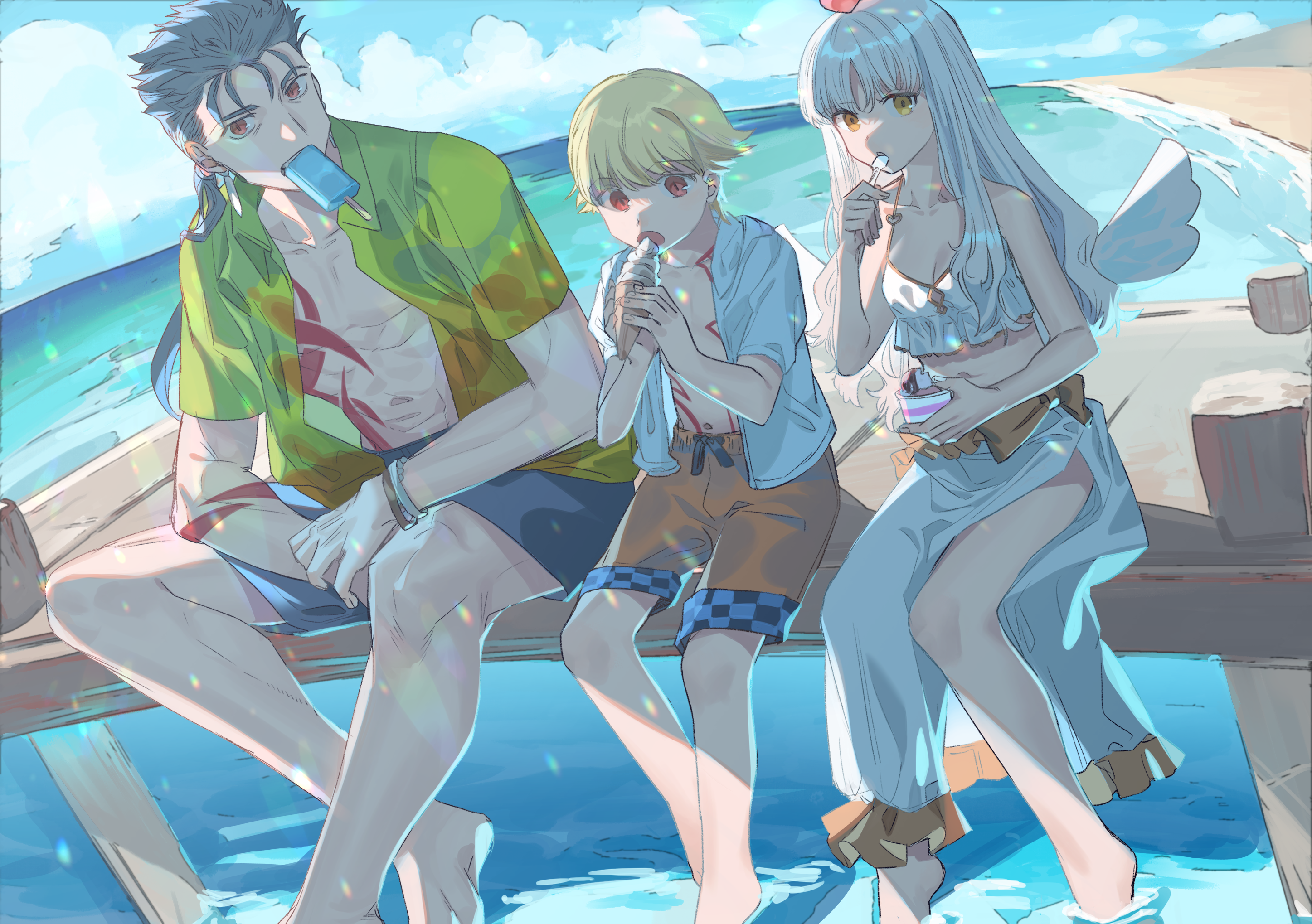 Gilgamesh, Lancer, and Caren from Fate/Grand Order at the beach HD Wallpaper