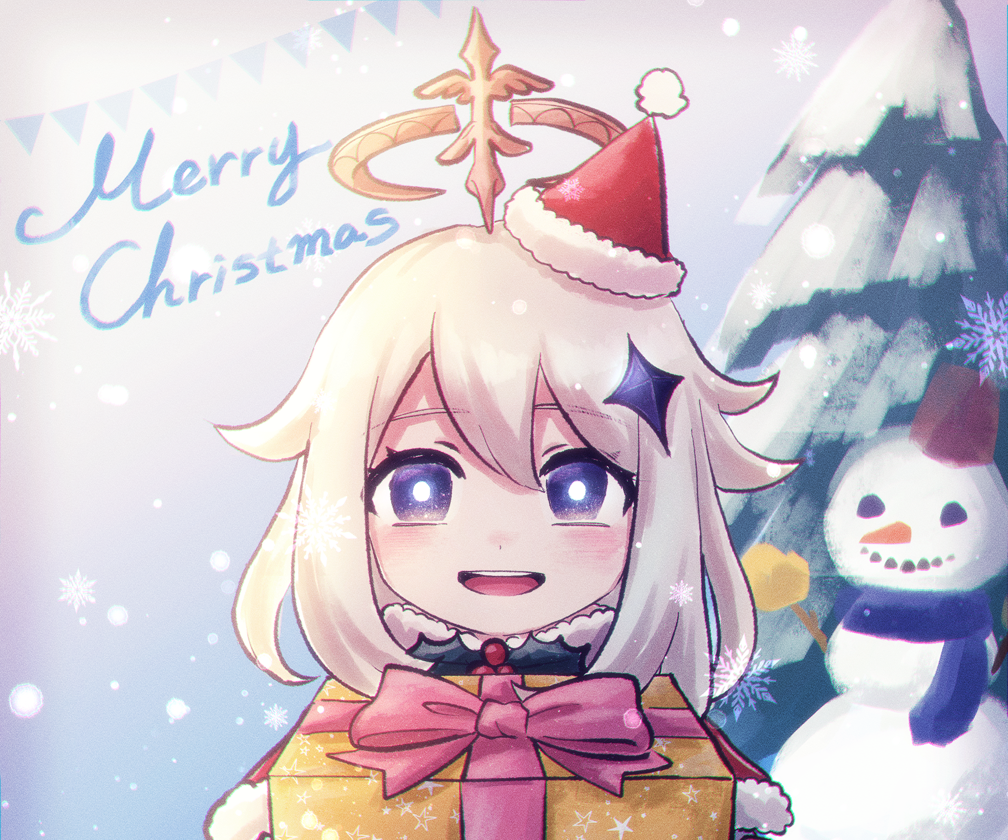 Paimon from Genshin Impact with a Christmas Gift HD Wallpaper
