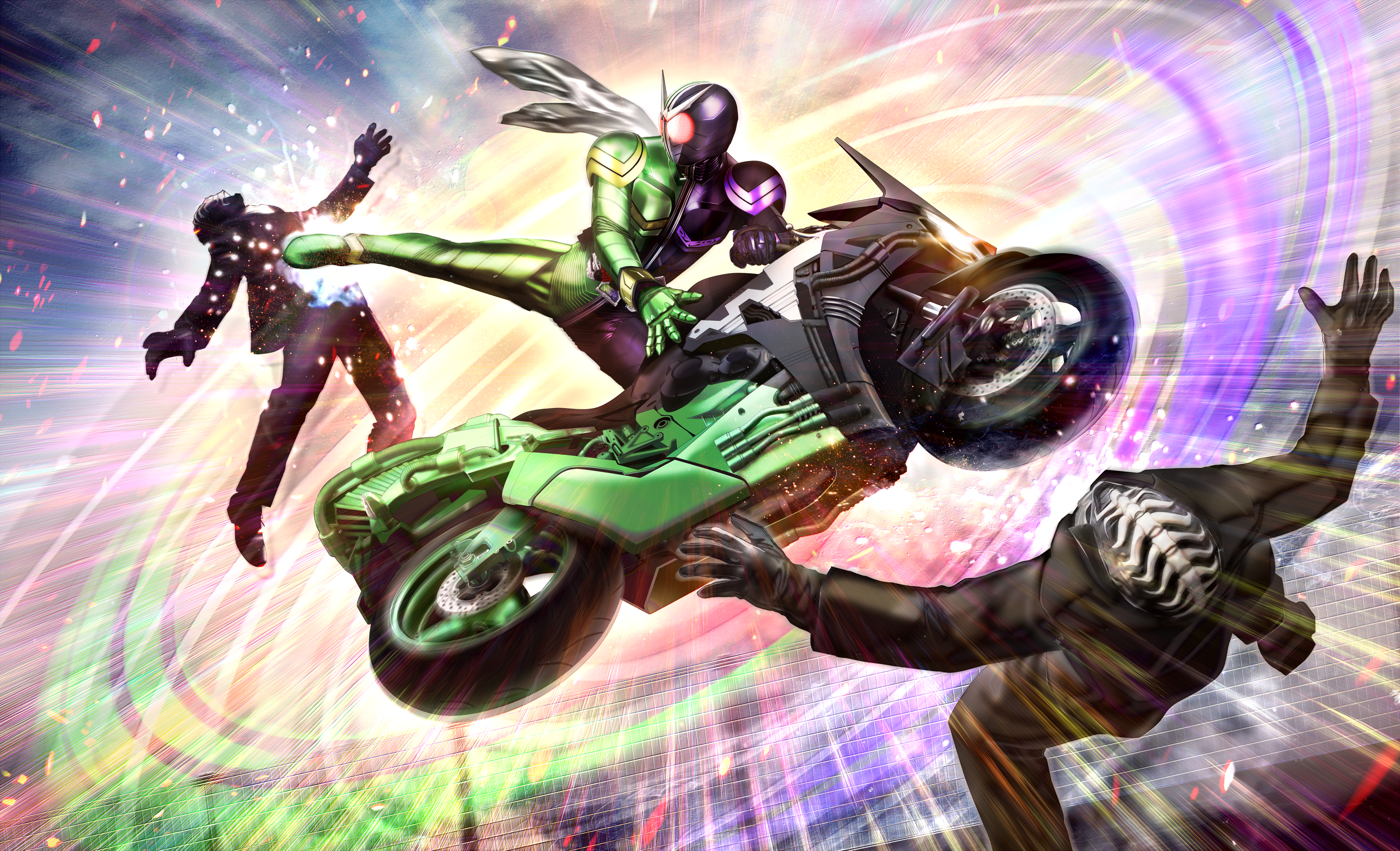 Kamen Rider fighting on a motorcycle HD Wallpaper