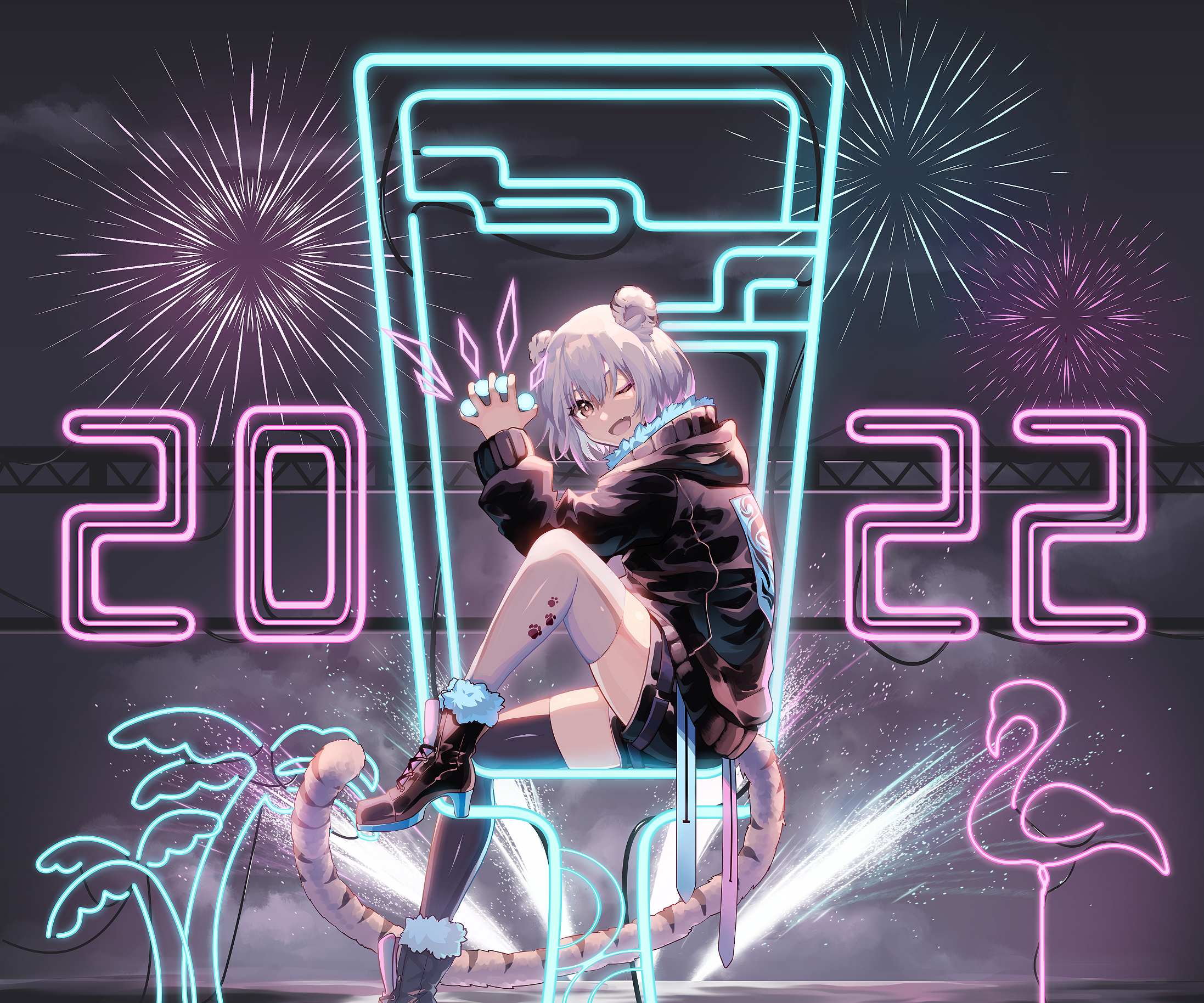 Anime girl with neon 2022 fireworks HD Wallpaper