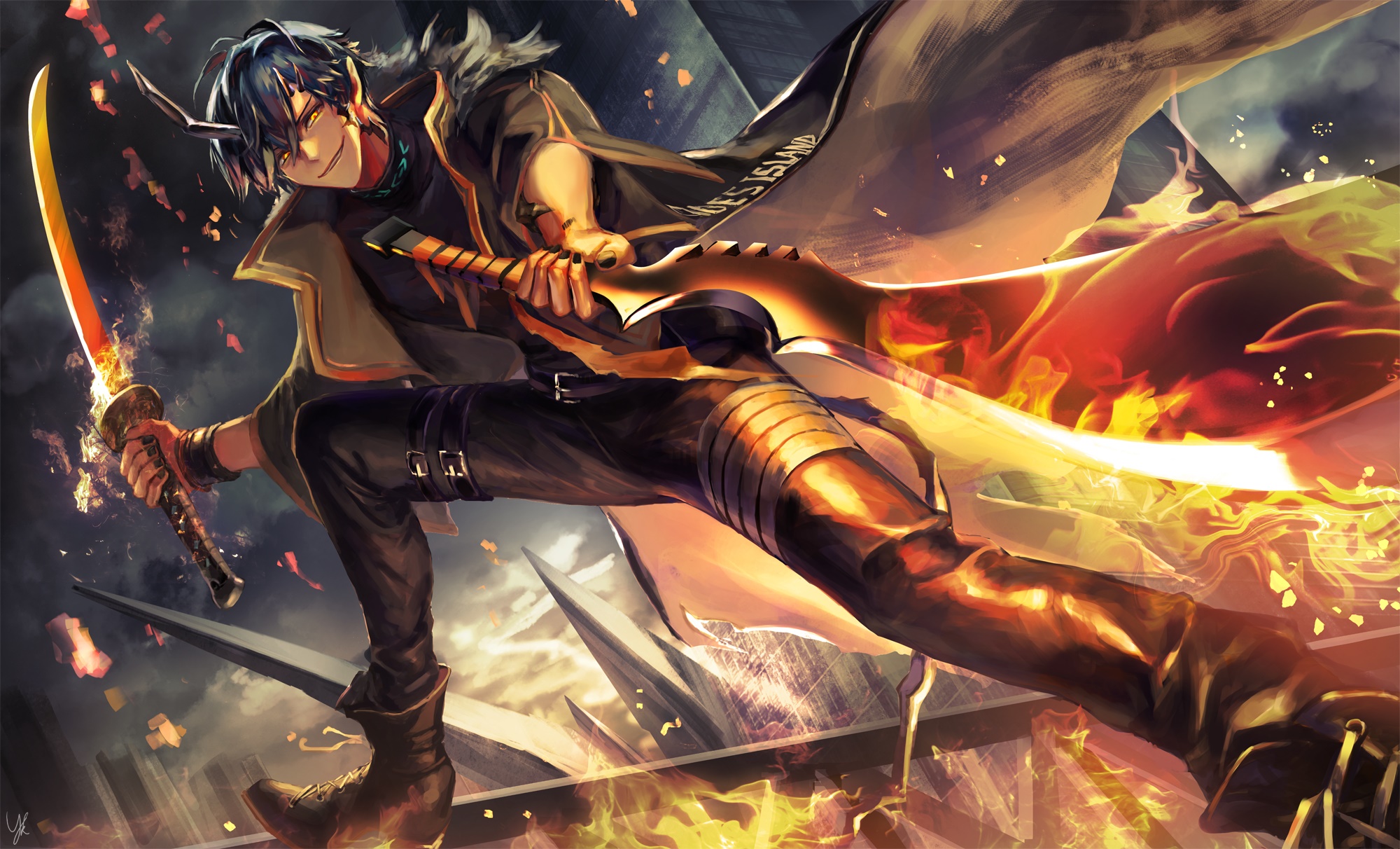 Flamebringer from Arknights with flaming sword HD Wallpaper