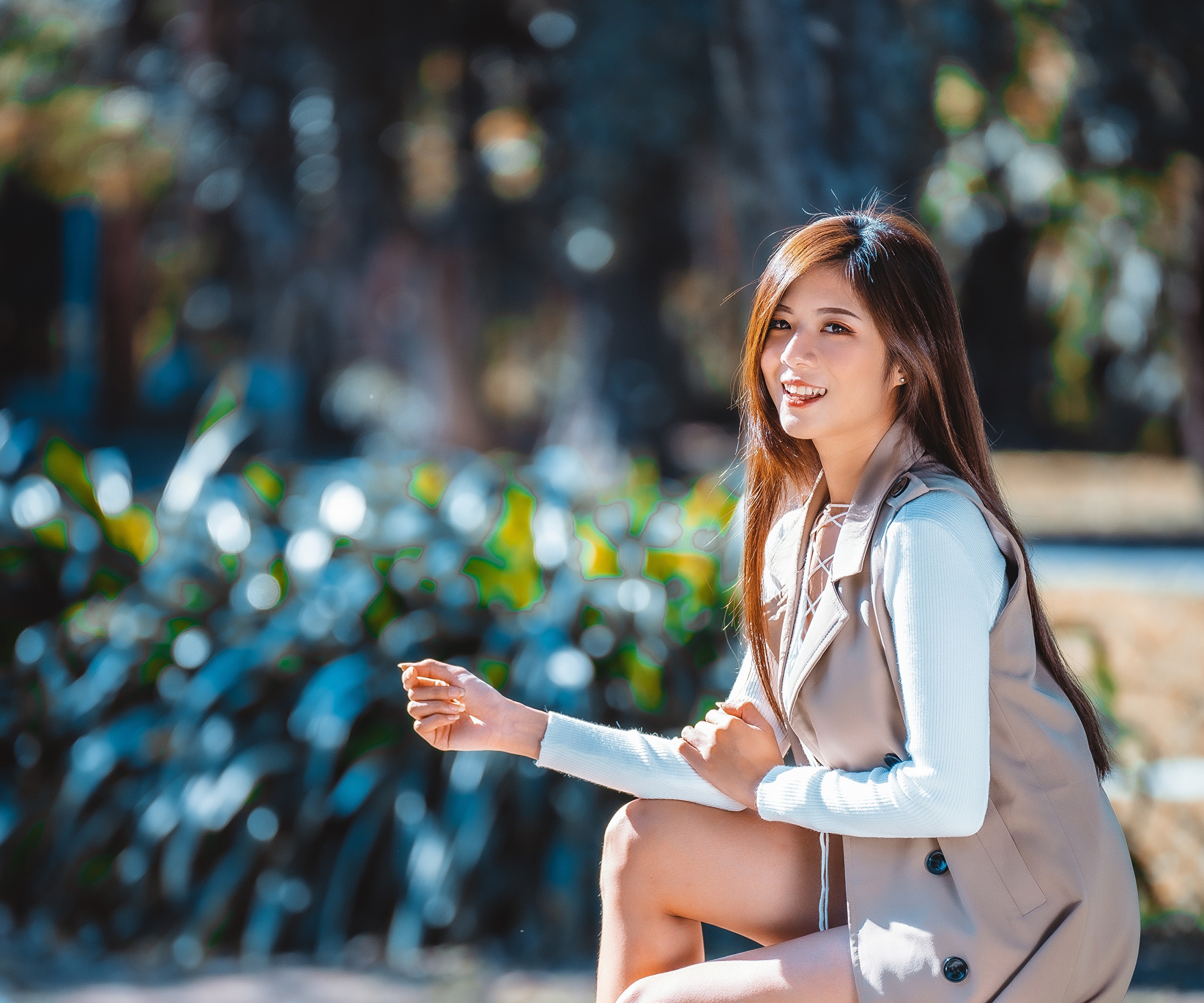 Asian woman with long brown hair wearing a vest HD Wallpaper
