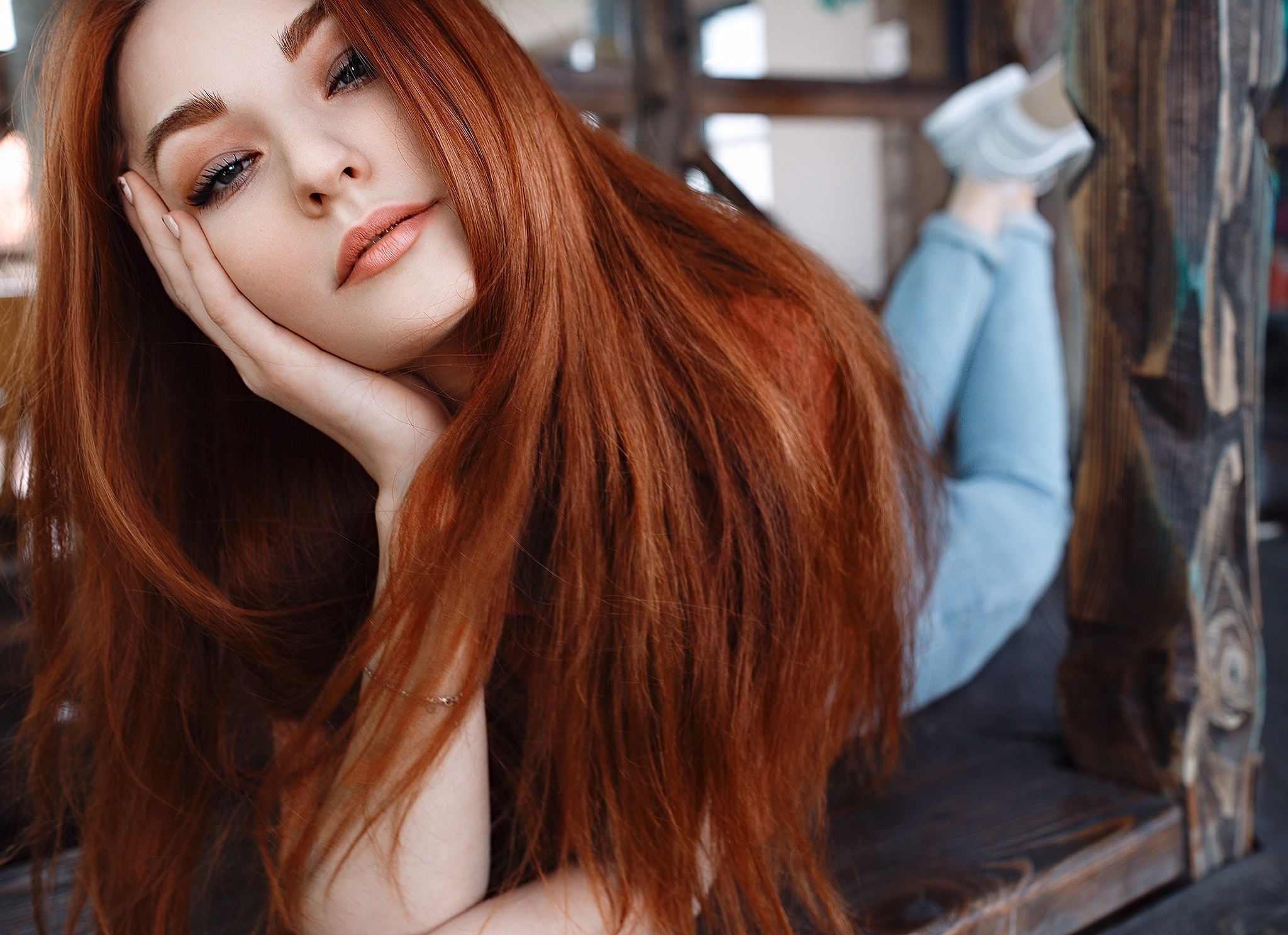 Redhead model with long hair posing HD Wallpaper