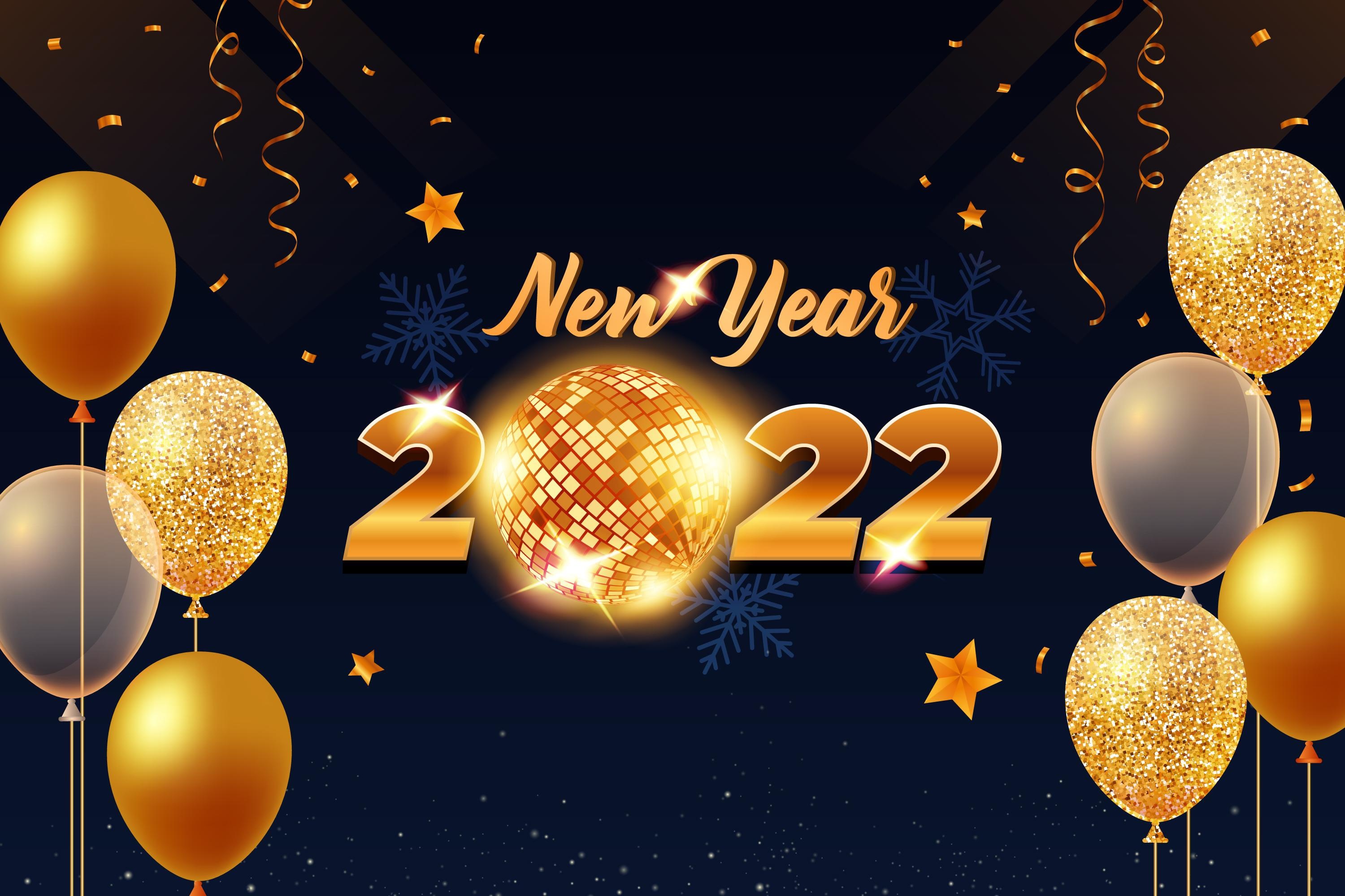 New Year 2022 celebration with balloons and disco ball HD Wallpaper