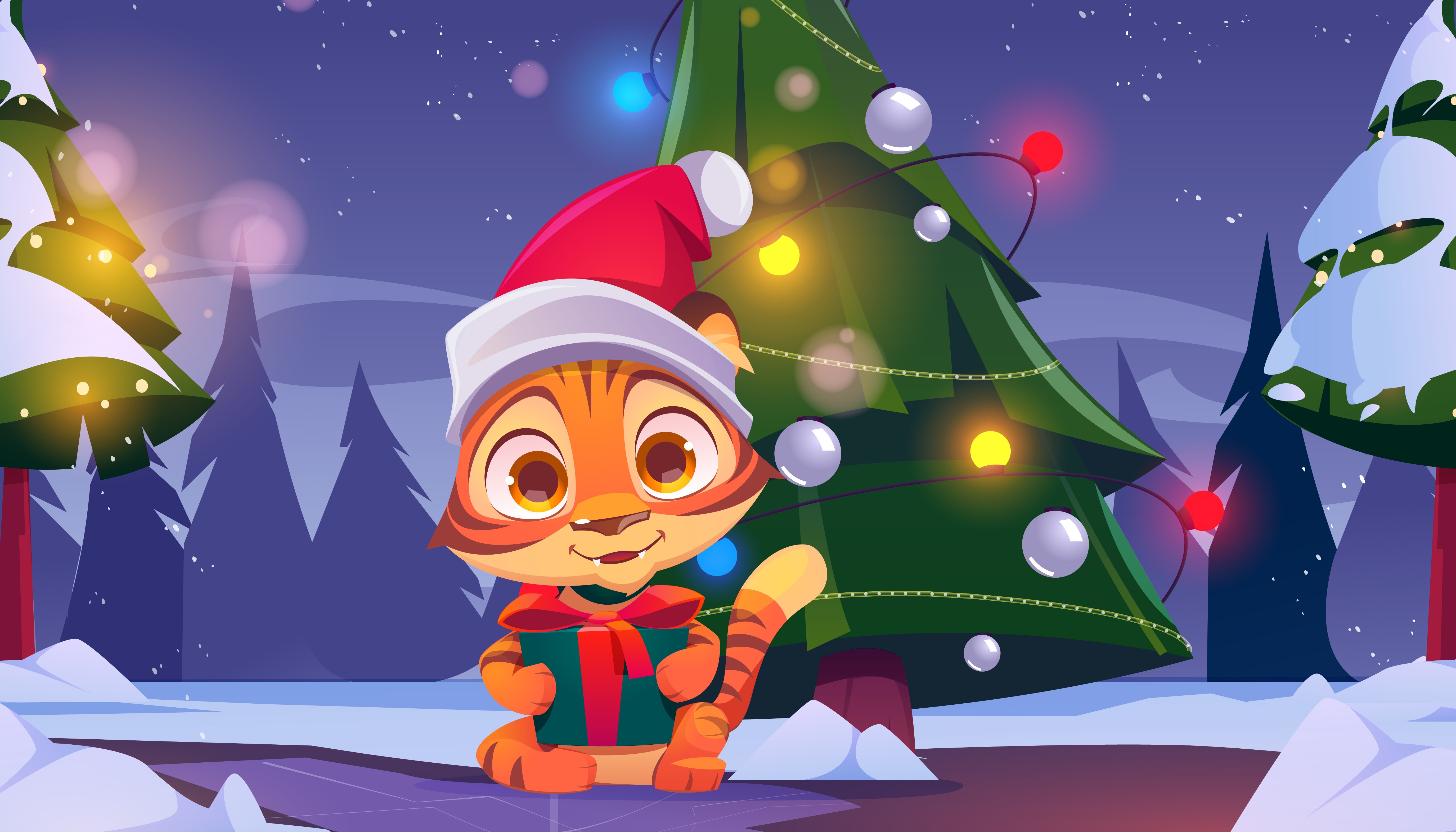 Baby Tiger with Christmas Gift and Tree HD Wallpaper