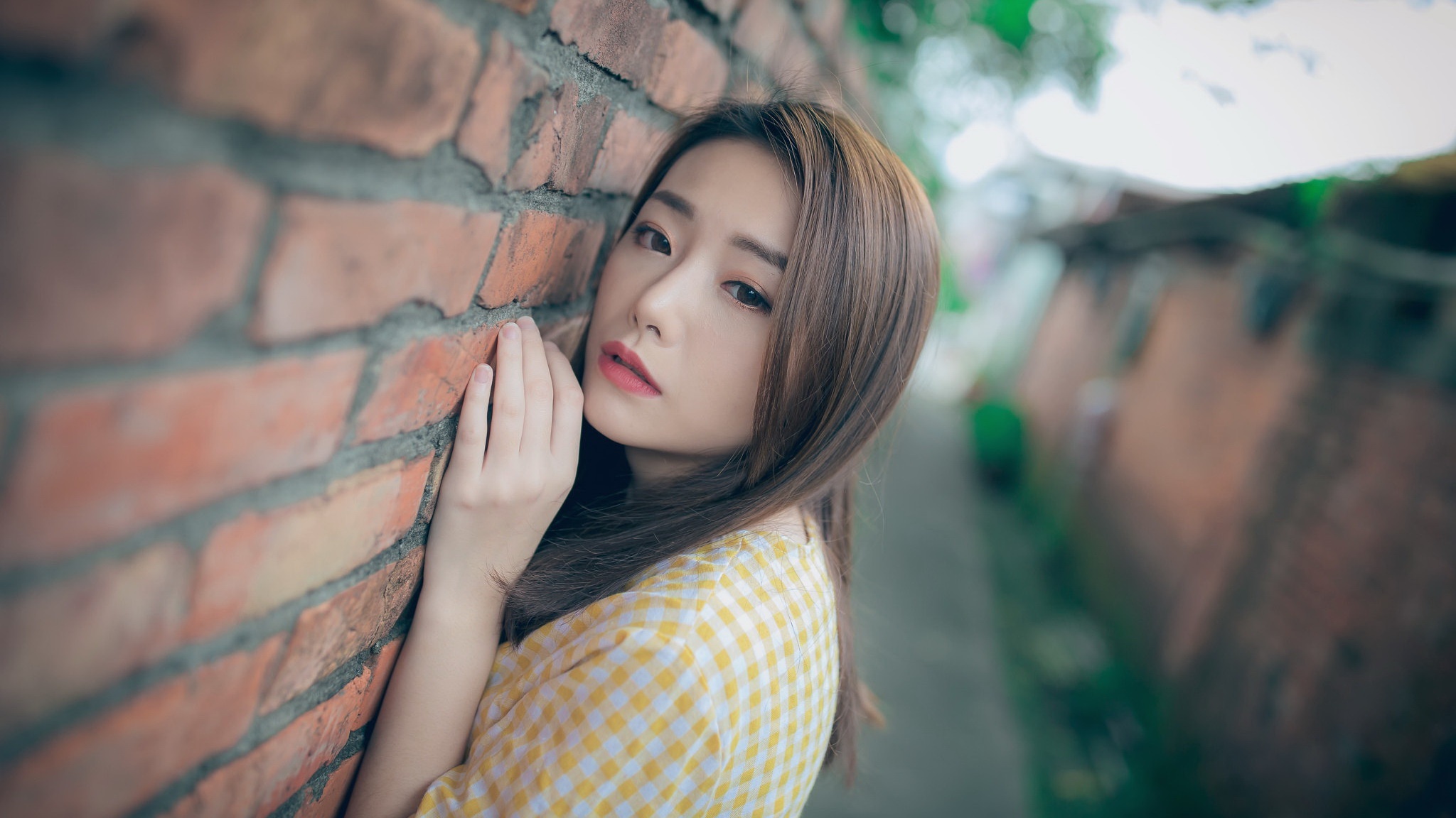 Asian woman leaning against a brick wall HD Wallpaper