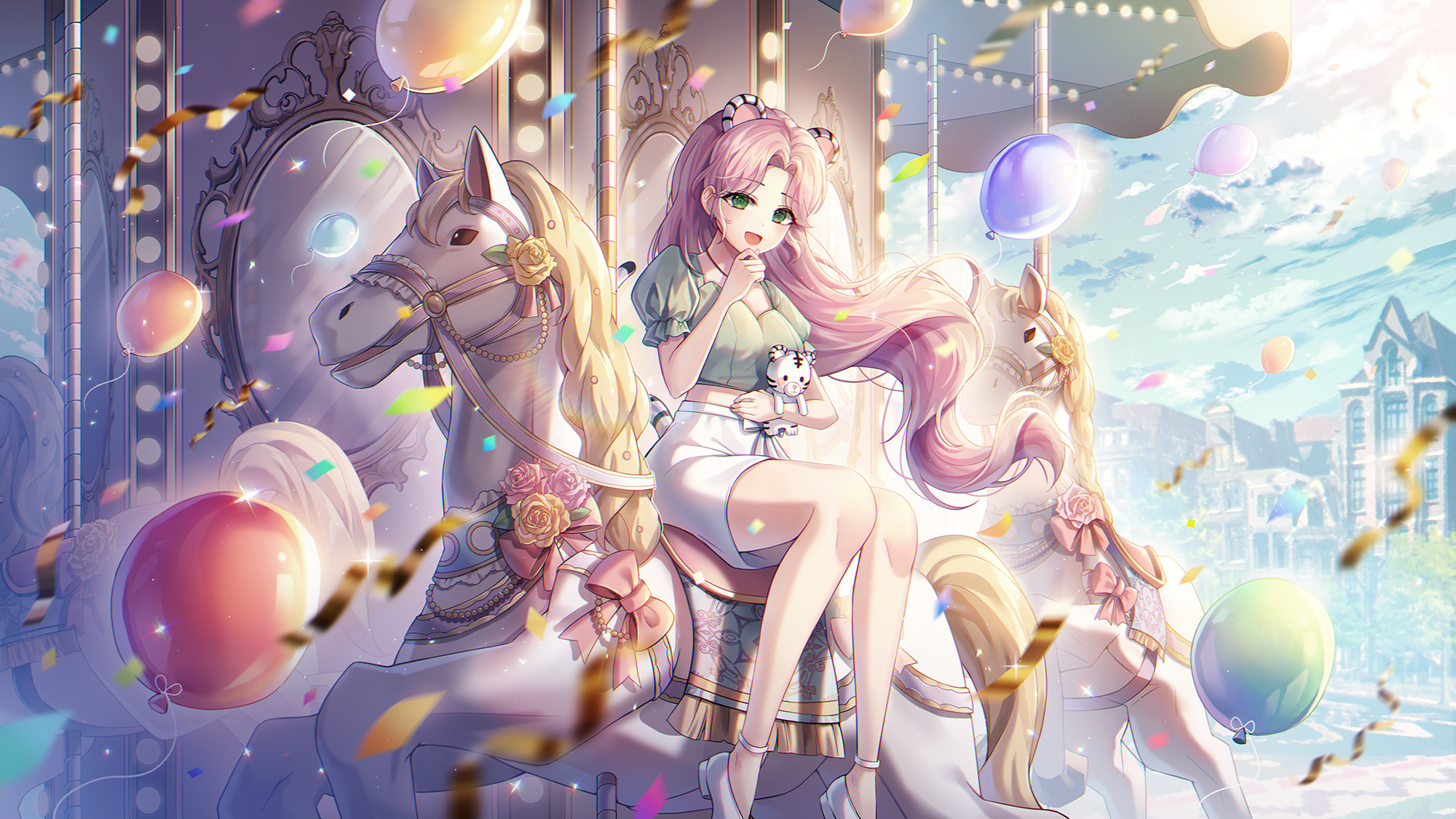 Girl on a Carousel with Balloons HD Wallpaper