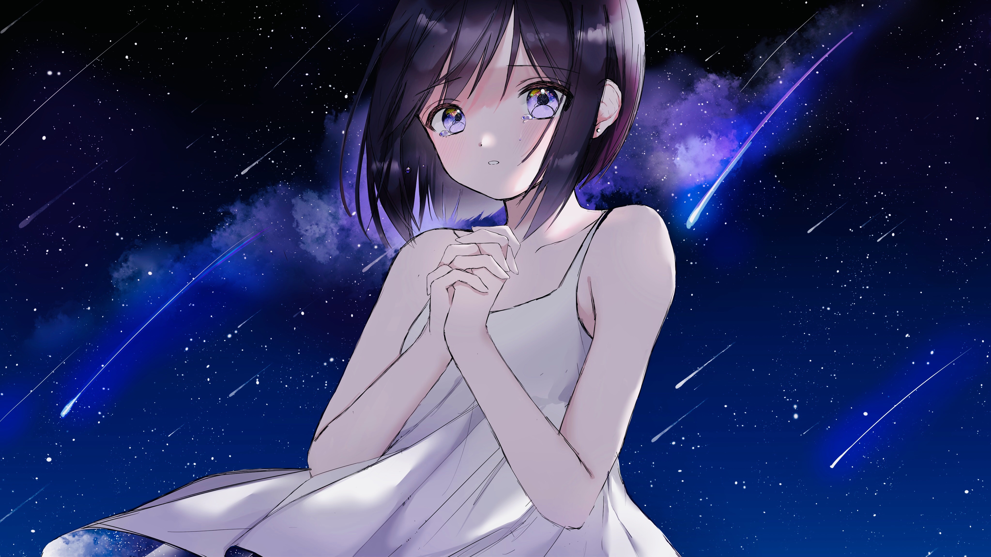 Girl praying under a starry sky with shooting stars HD Wallpaper