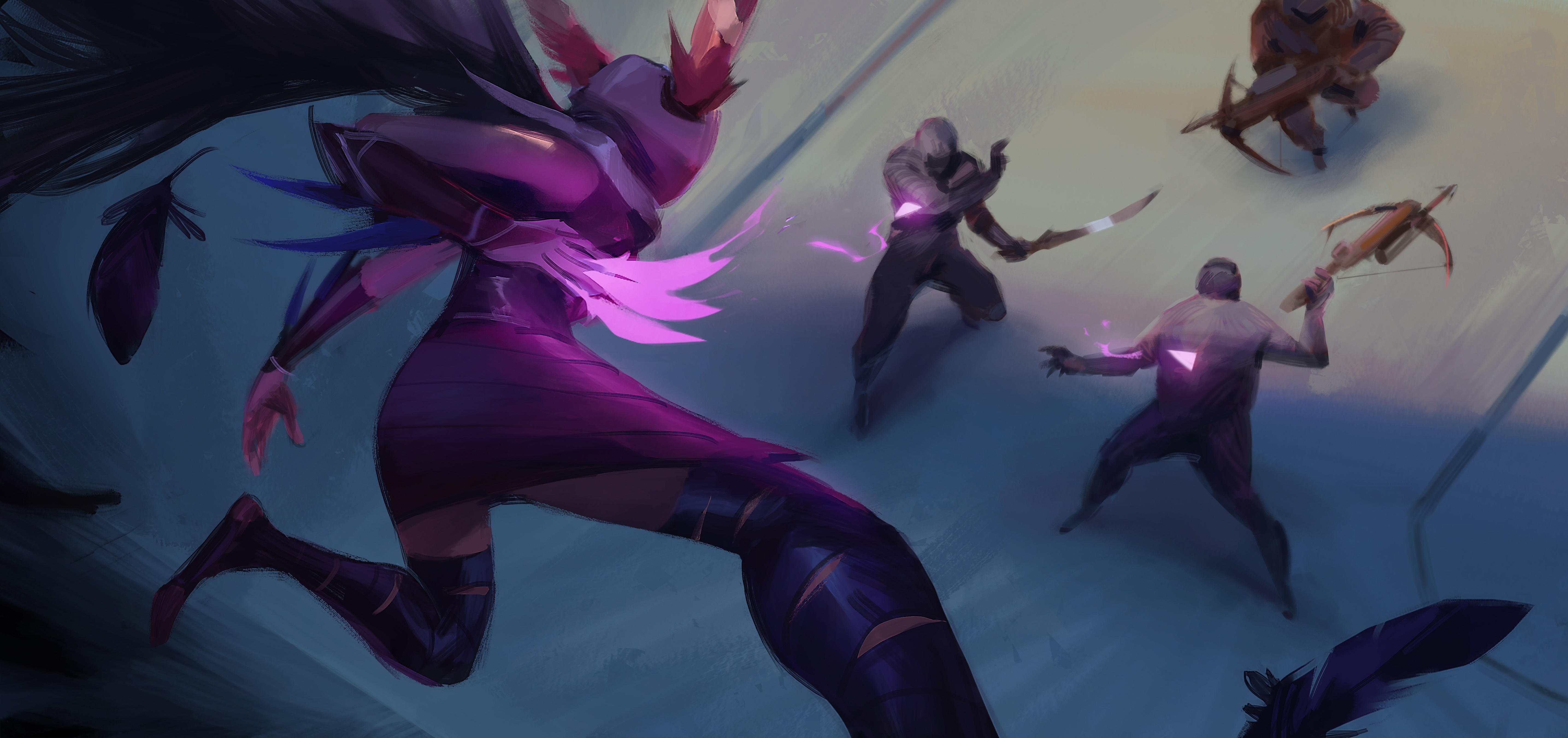 Xayah from League of Legends fighting enemies HD Wallpaper