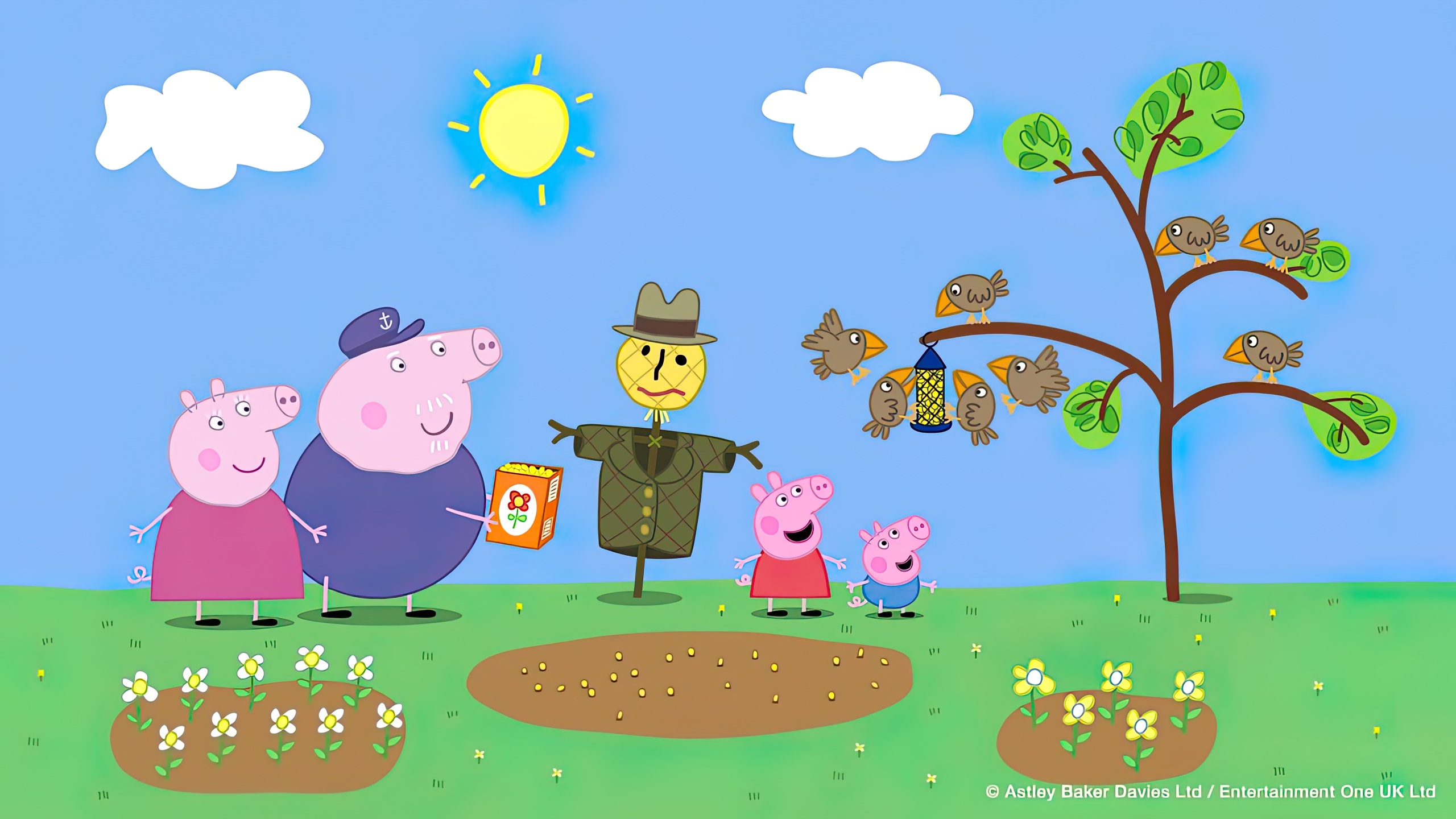 Peppa Pig characters gardening with a scarecrow HD Wallpaper