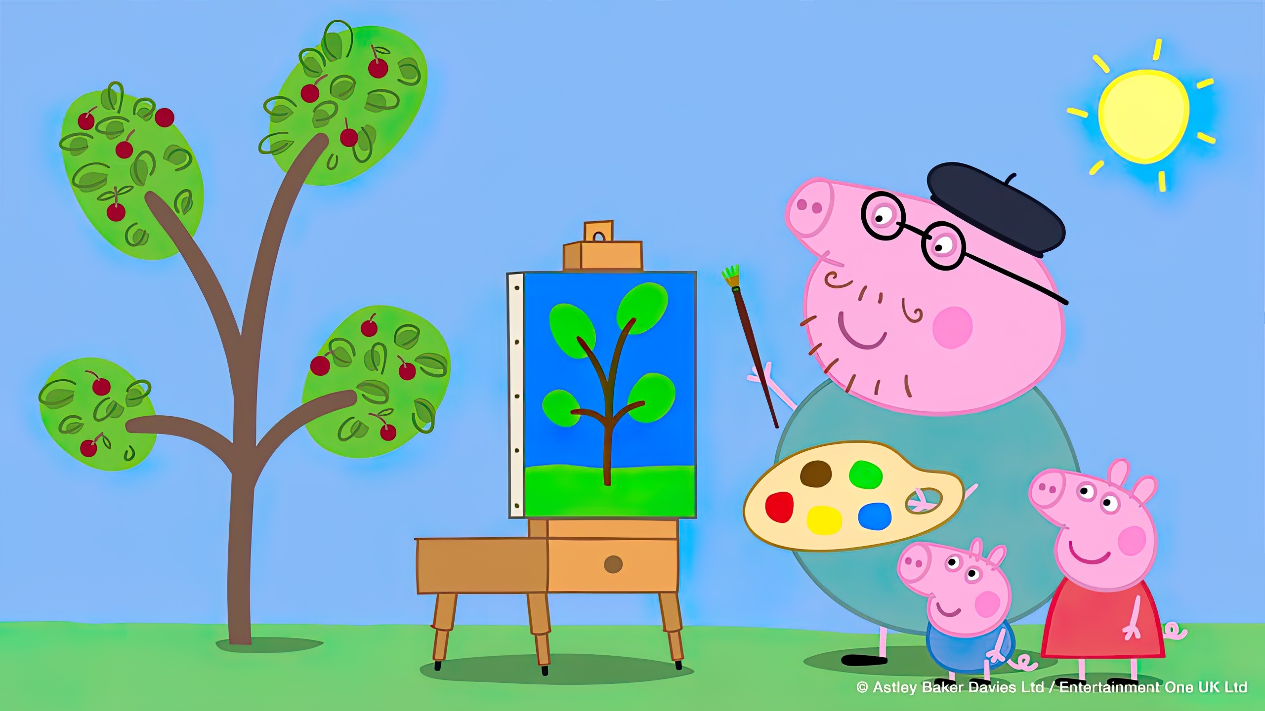 Daddy Pig and children painting a tree from Peppa Pig HD Wallpaper