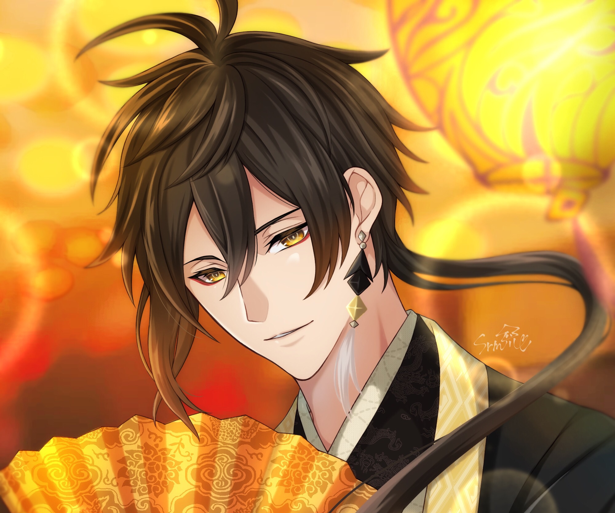 Zhongli from Genshin Impact holding a fan HD Wallpaper