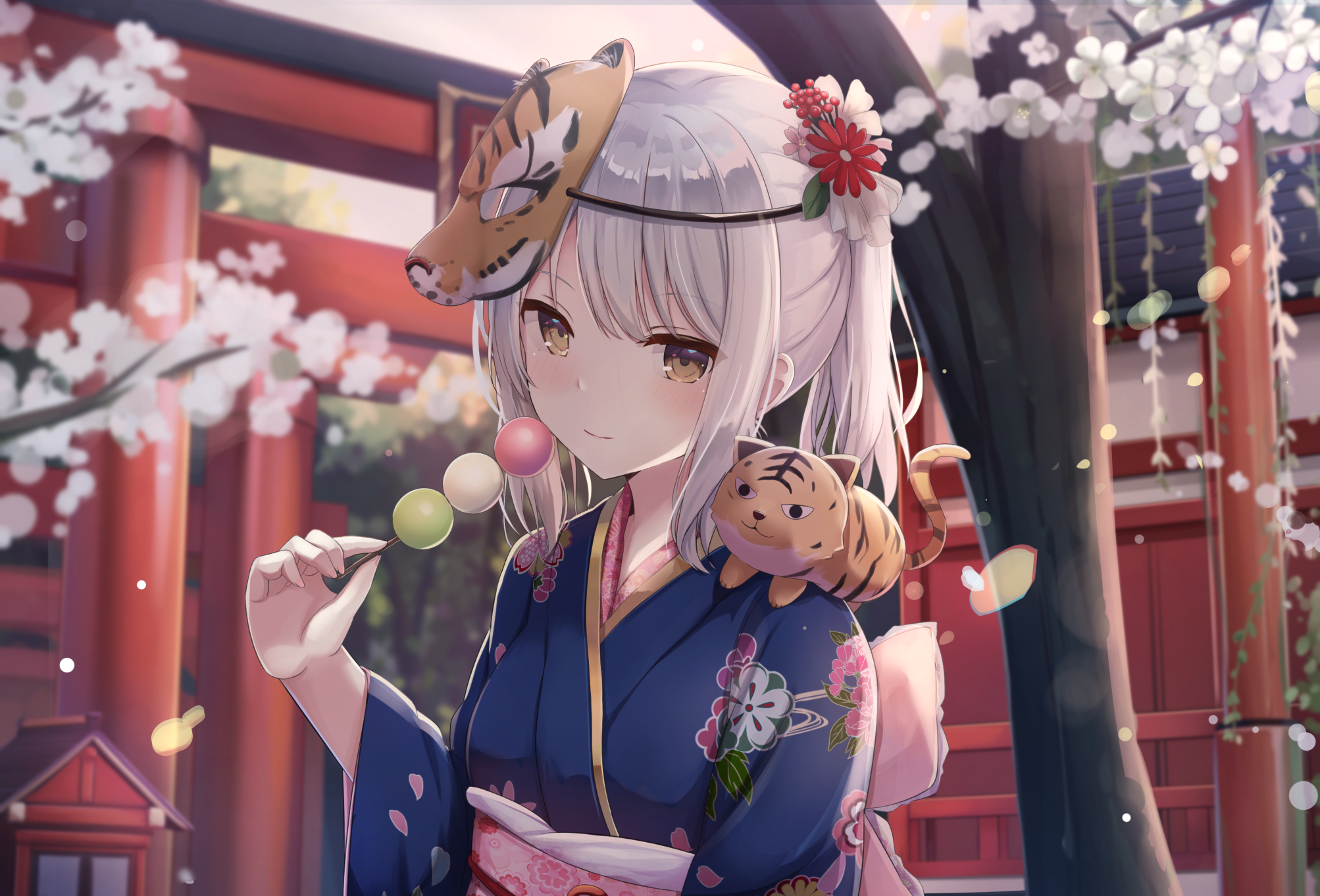 Girl in Kimono with Tiger Mask and Dango HD Wallpaper
