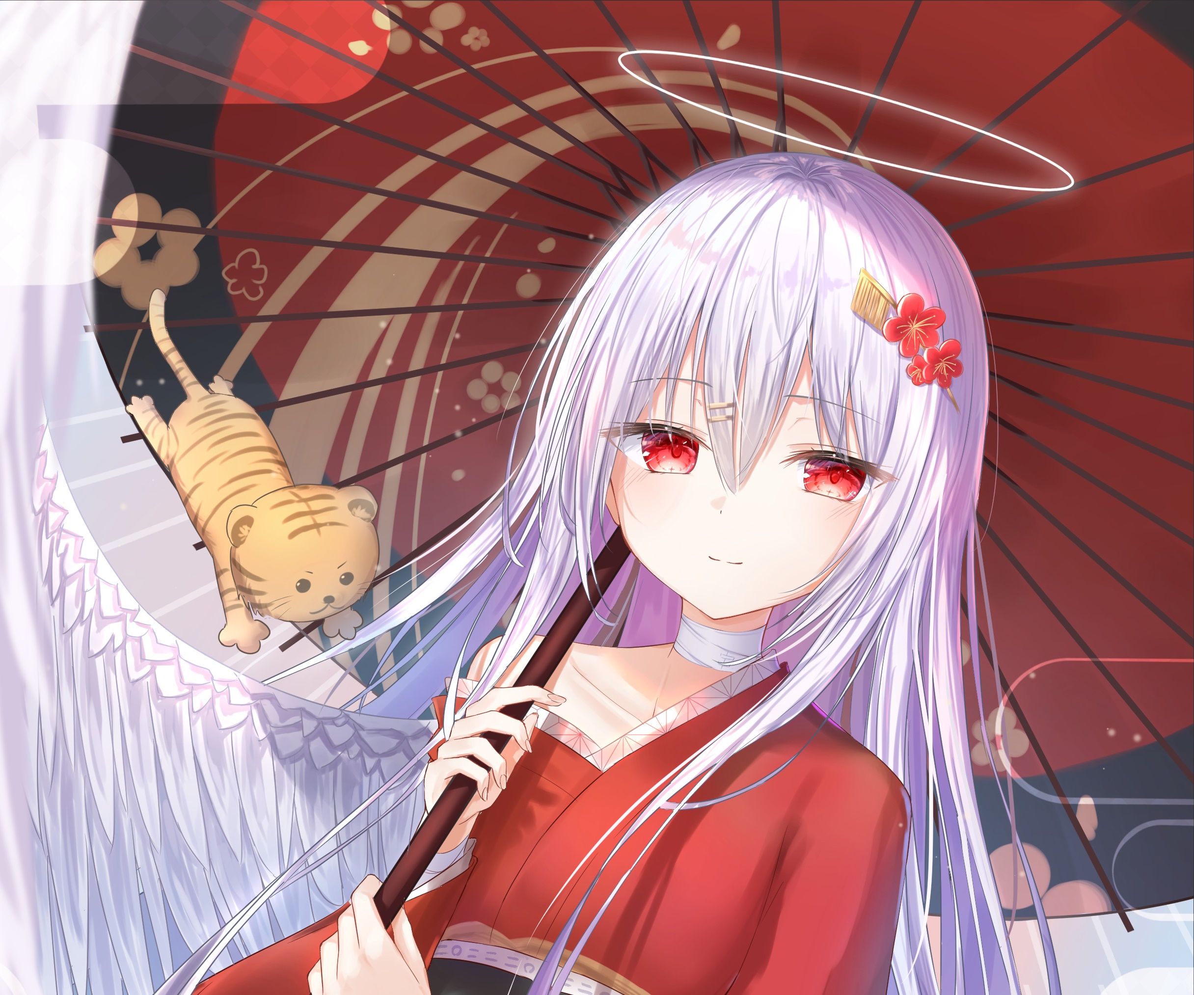 Anime girl with red eyes and tiger on umbrella HD Wallpaper