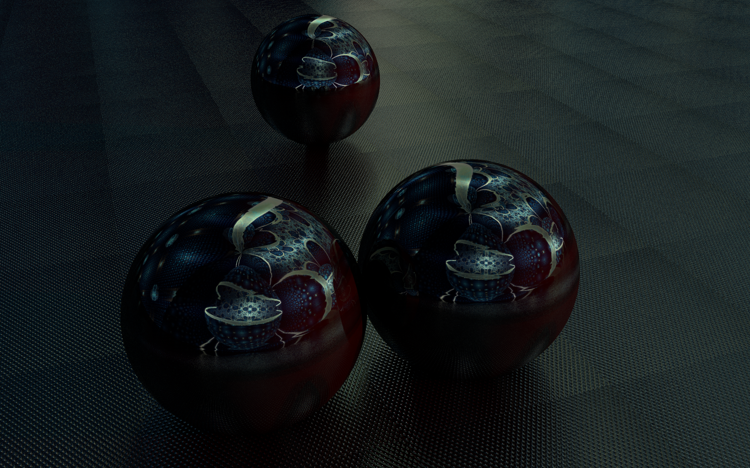 Three abstract fractal spheres on a textured surface HD Wallpaper