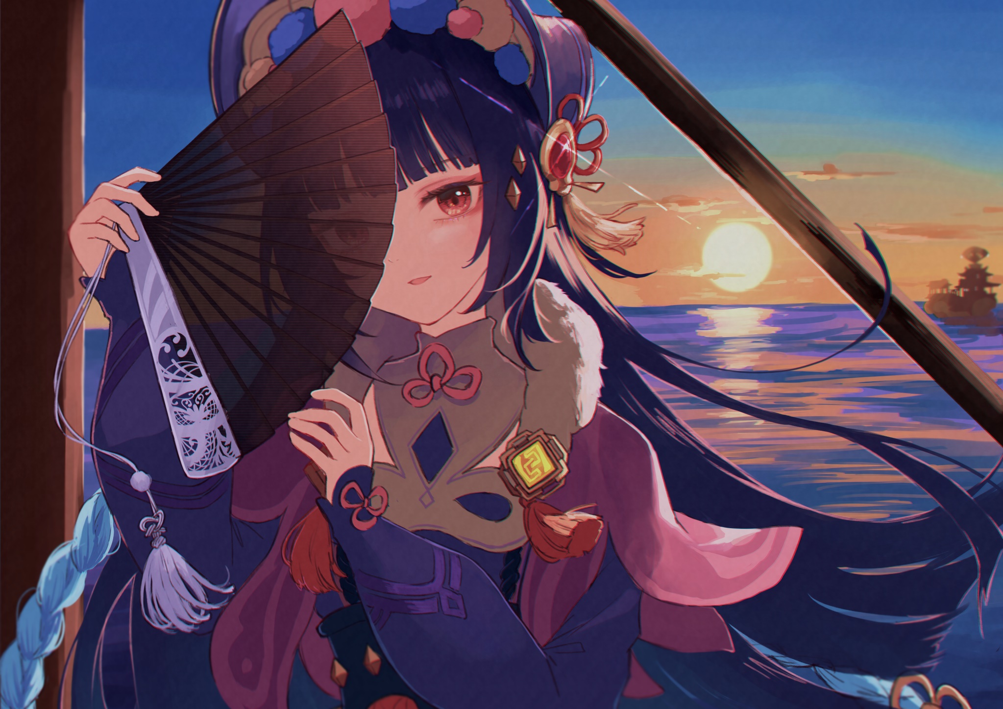 Yun Jin from Genshin Impact holding a fan at sunset HD Wallpaper