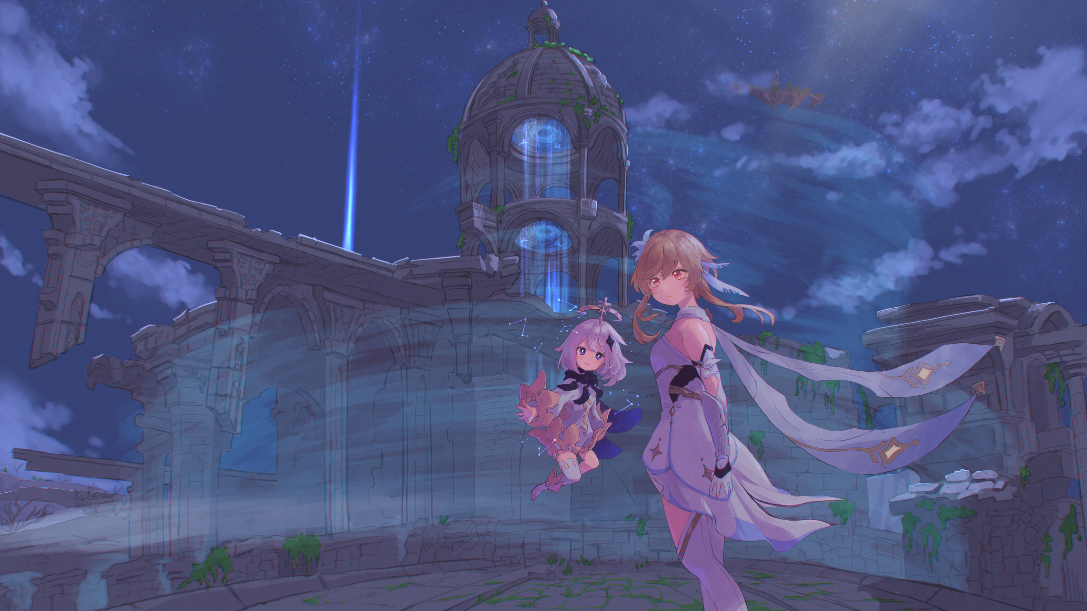 Lumine and Paimon from Genshin Impact in ruins HD Wallpaper