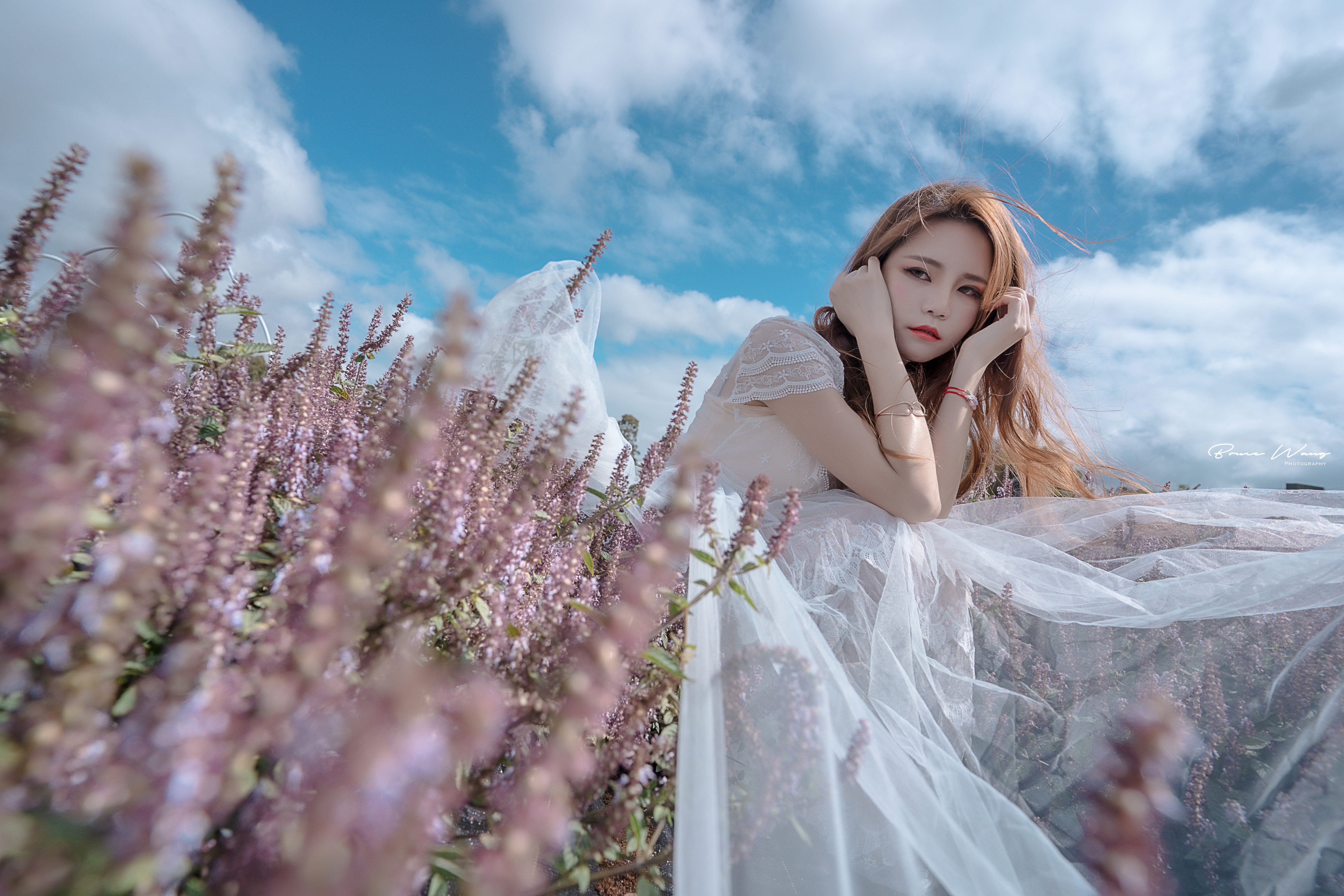 Asian woman in white dress in flower field HD Wallpaper