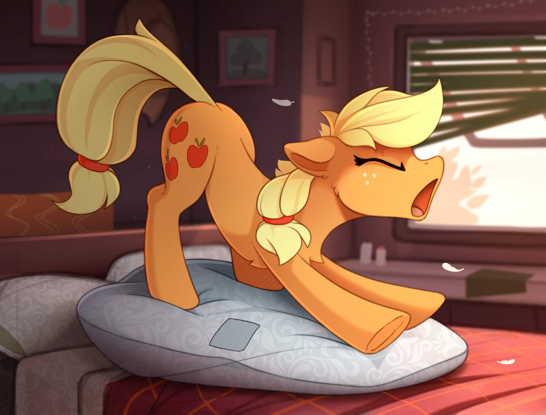 Applejack from My Little Pony yawning on a bed HD Wallpaper