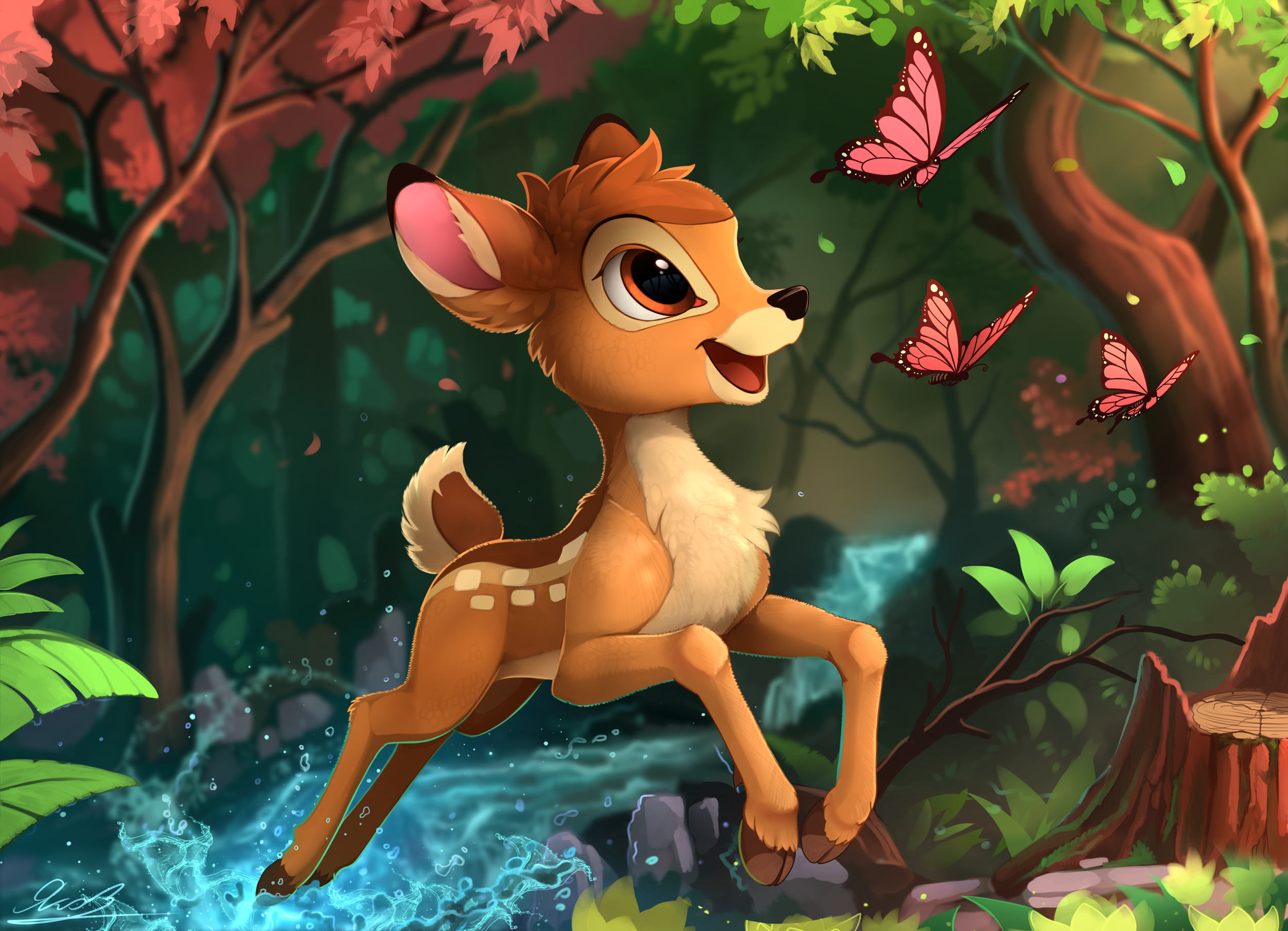 Bambi the Fawn with Butterflies in a Forest HD Wallpaper