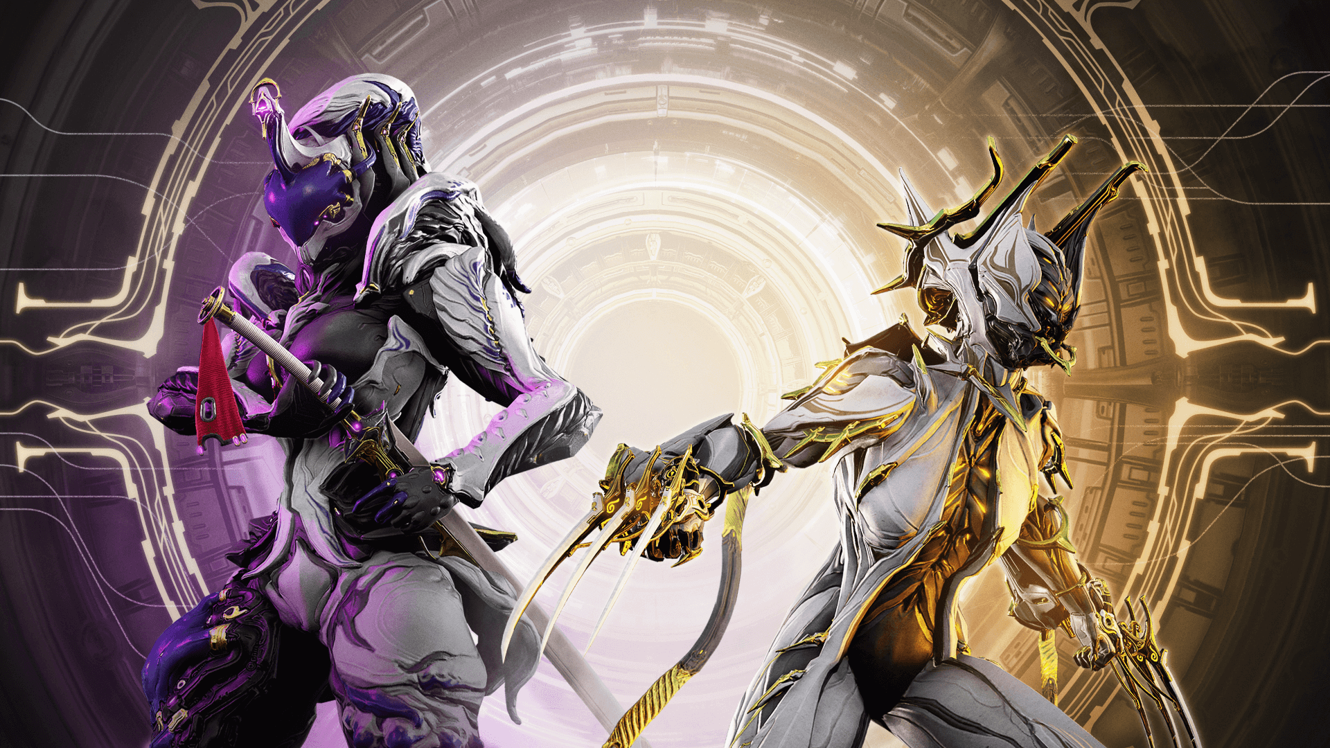Two Warframe characters in a futuristic portal HD Wallpaper