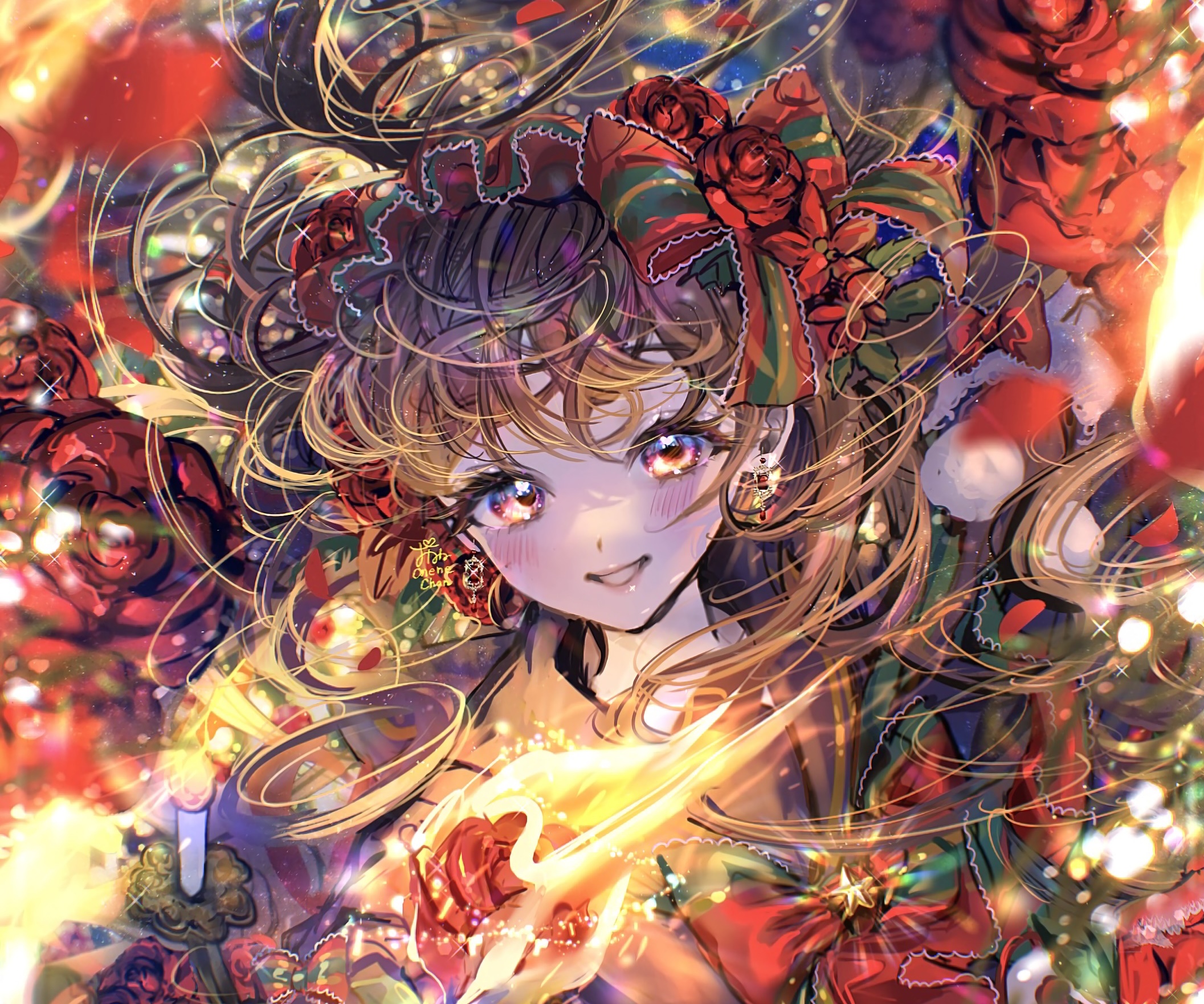 Anime Girl with Roses and Lights HD Wallpaper