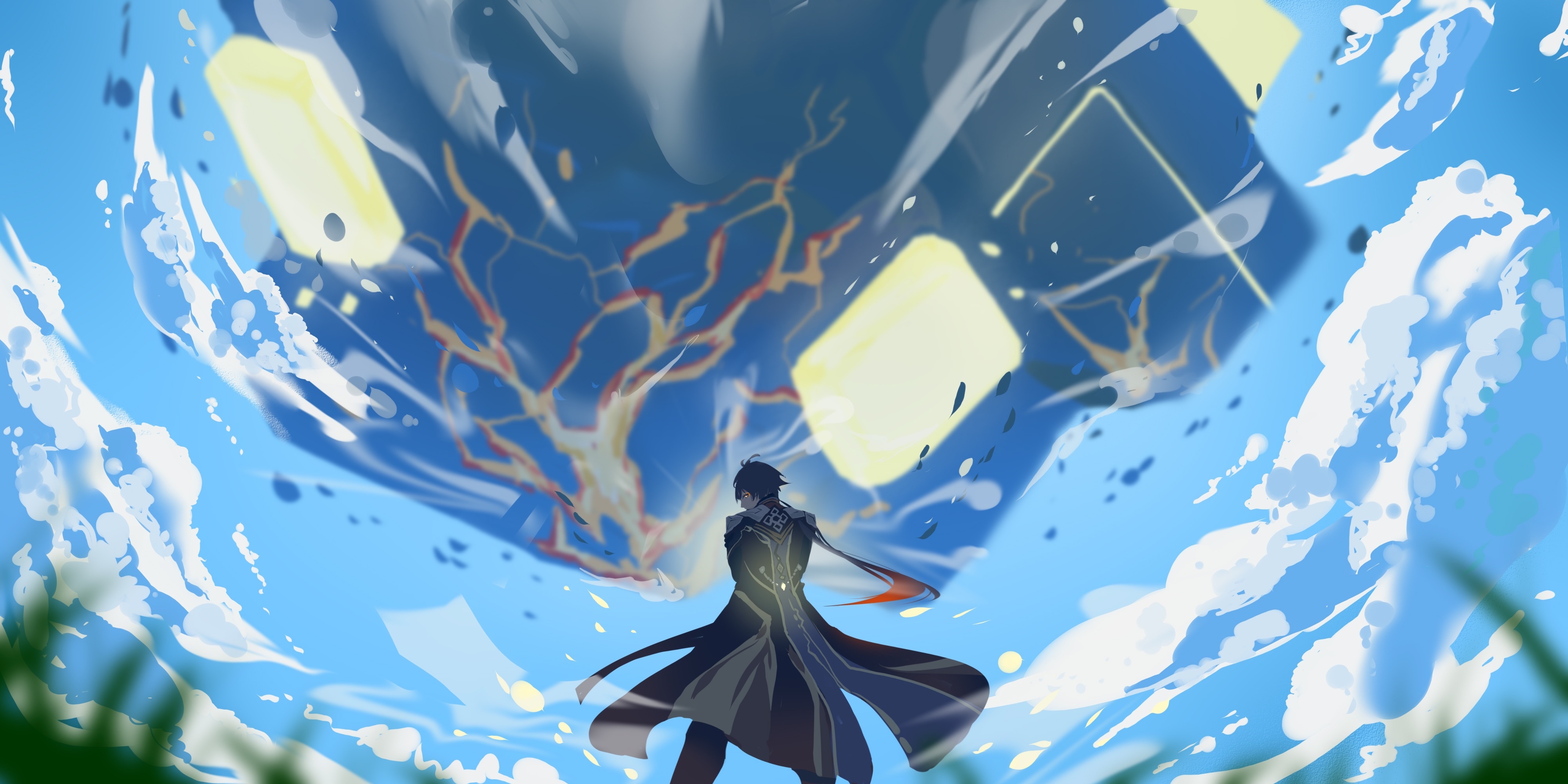 Zhongli from Genshin Impact facing a giant cube HD Wallpaper