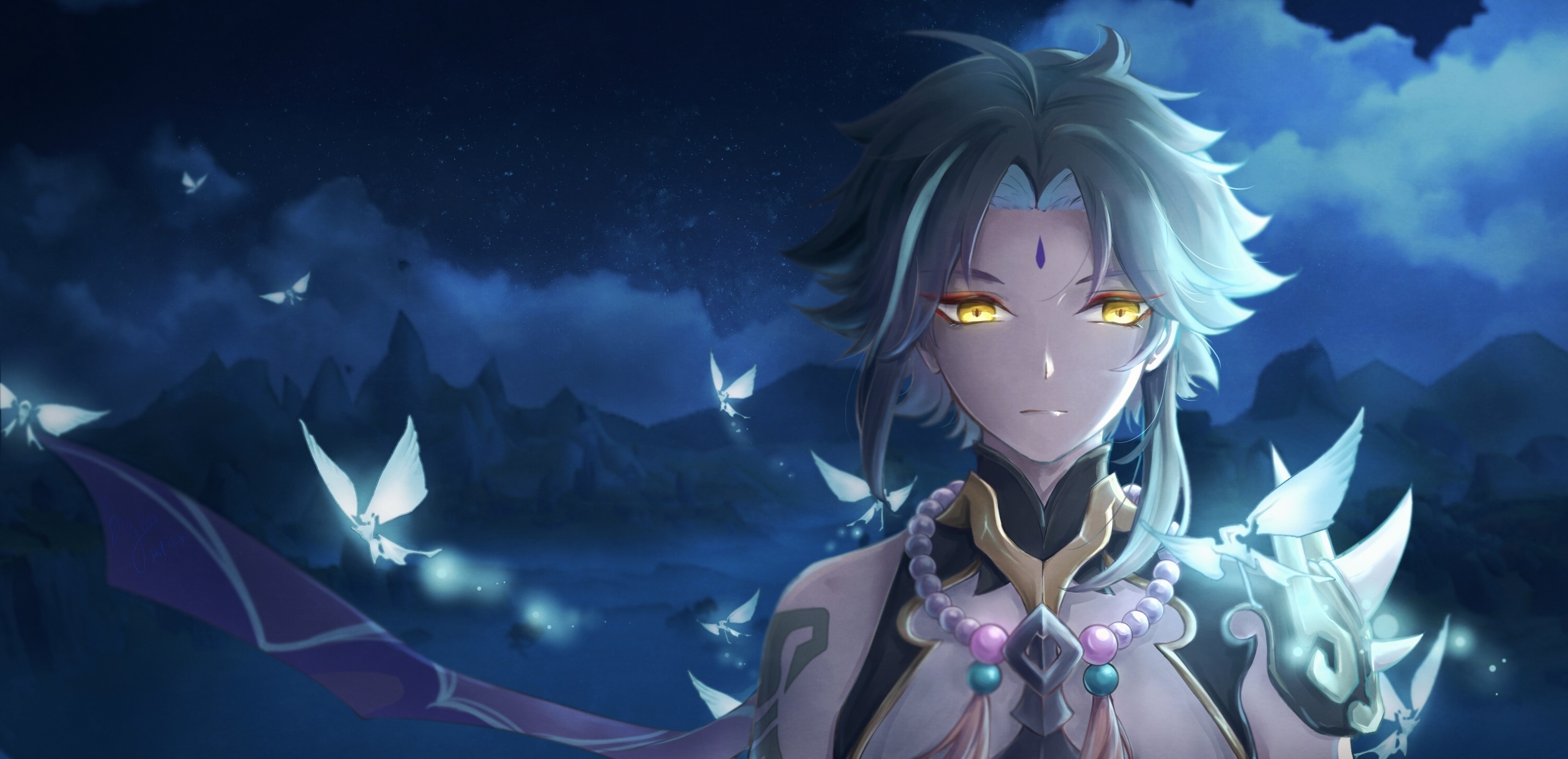 Xiao from Genshin Impact with glowing butterflies HD Wallpaper