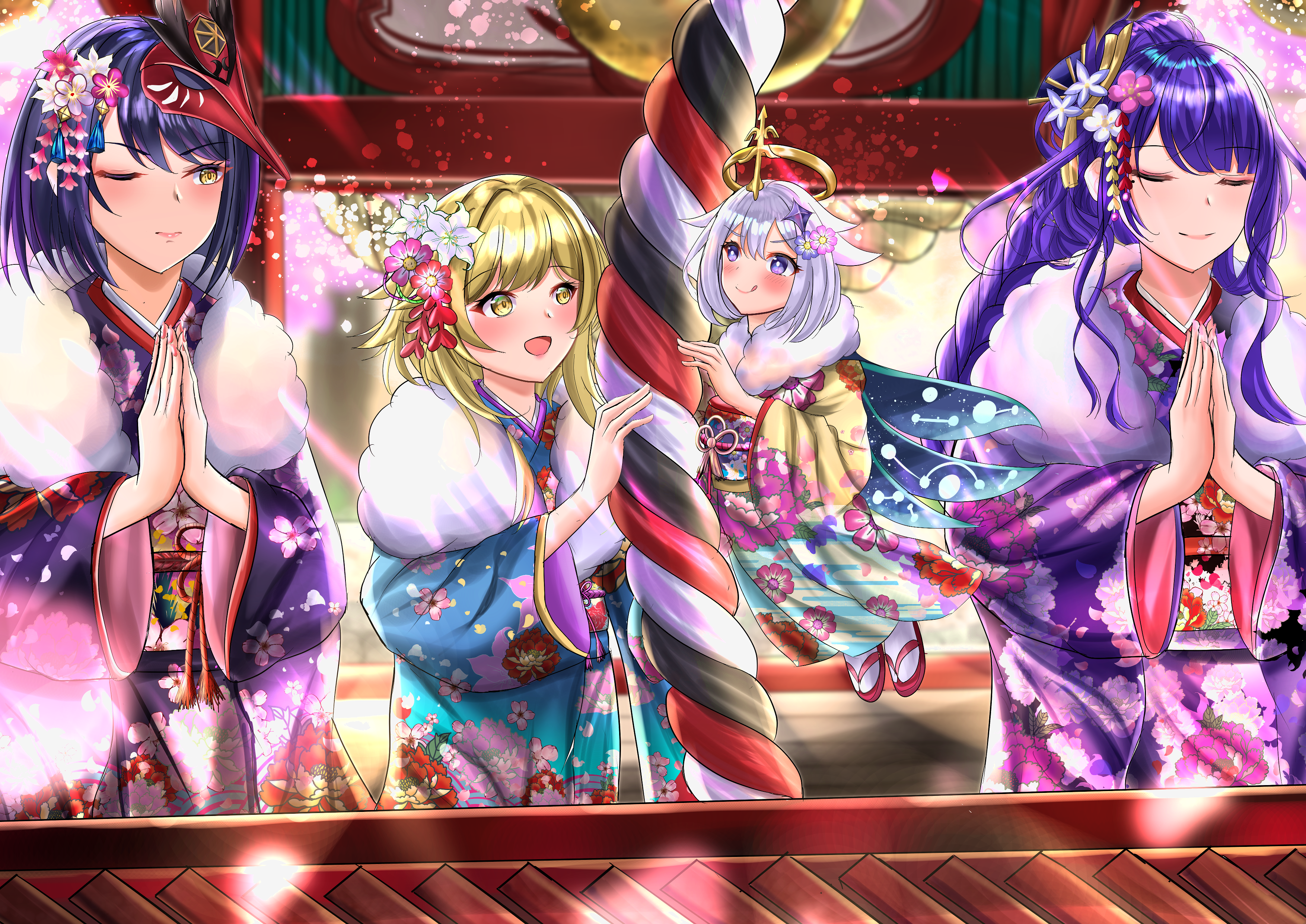 Genshin Impact: Lumine, Kujou Sara, Paimon, and Raiden Shogun in Kimonos HD Wallpaper