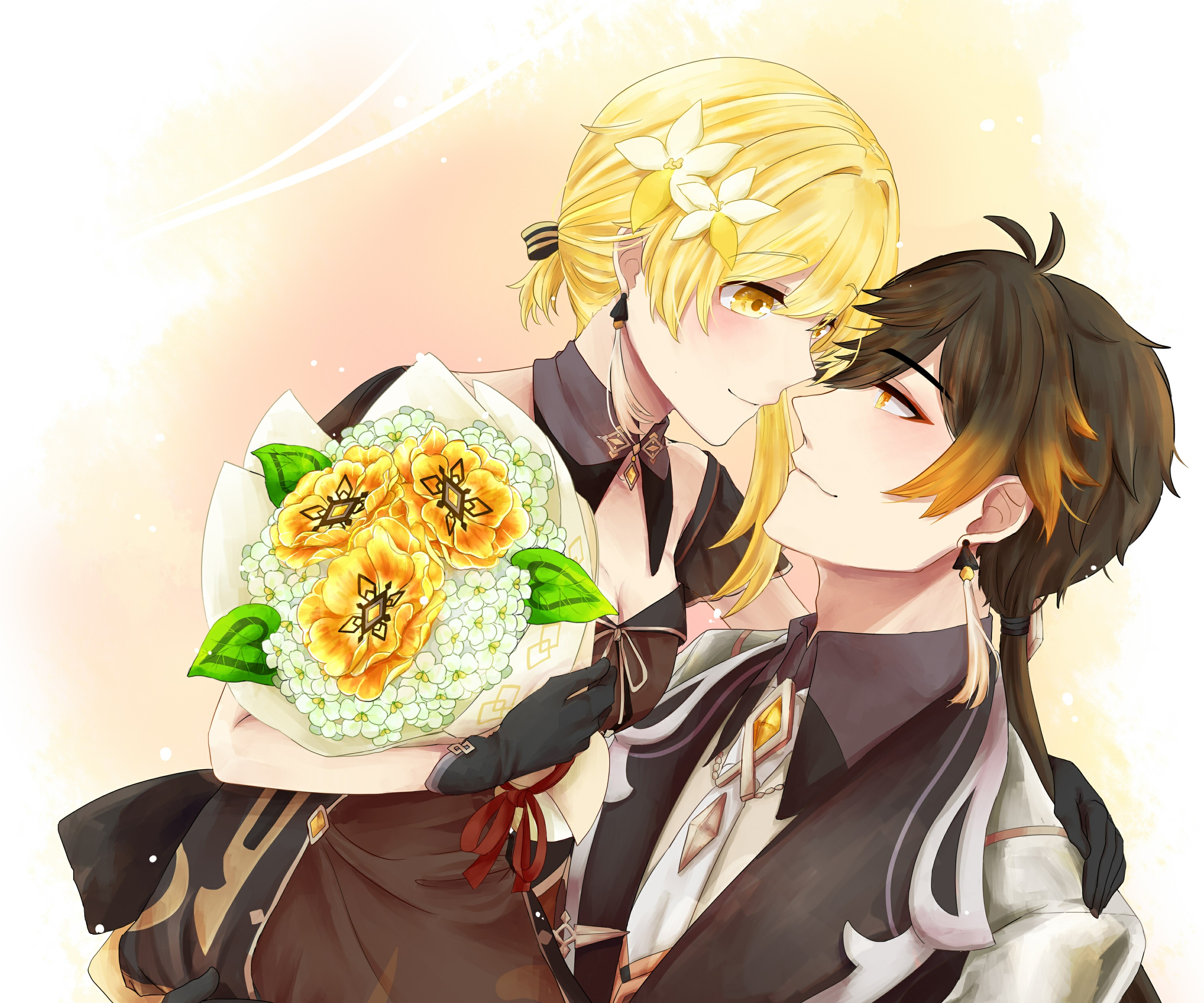 Lumine and Zhongli from Genshin Impact with flowers HD Wallpaper