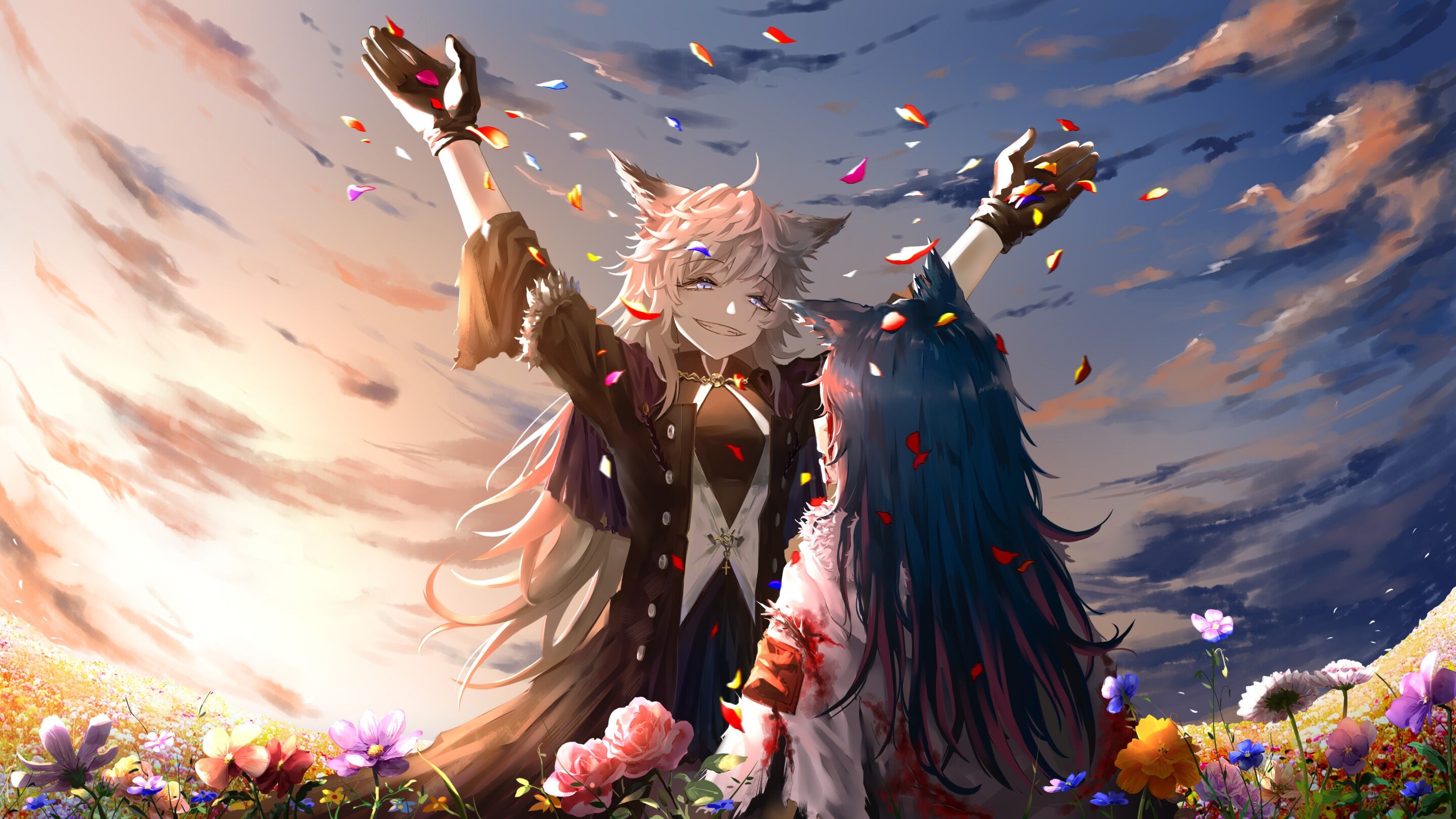 Texas and Lappland from Arknights in a flower field HD Wallpaper