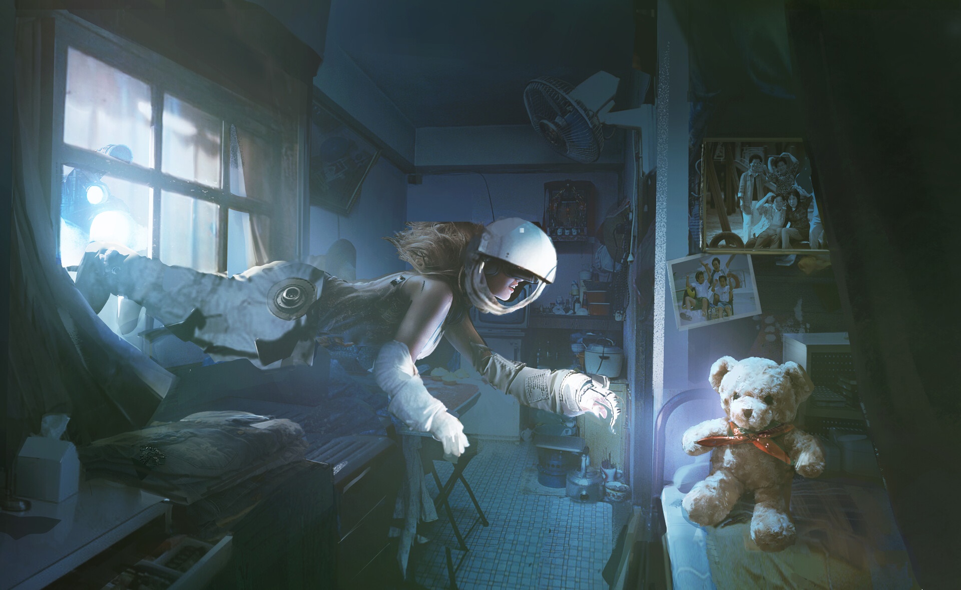 Fantasy Astronaut in a Room with Teddy Bear HD Wallpaper