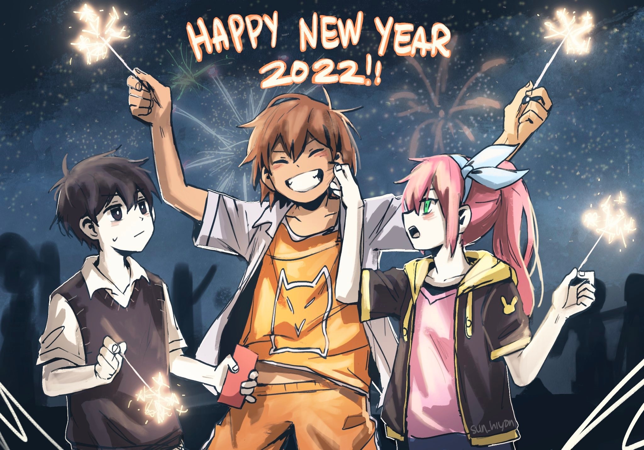 Sunny, Kel, and Aubrey from OMORI celebrating New Year 2022 HD Wallpaper