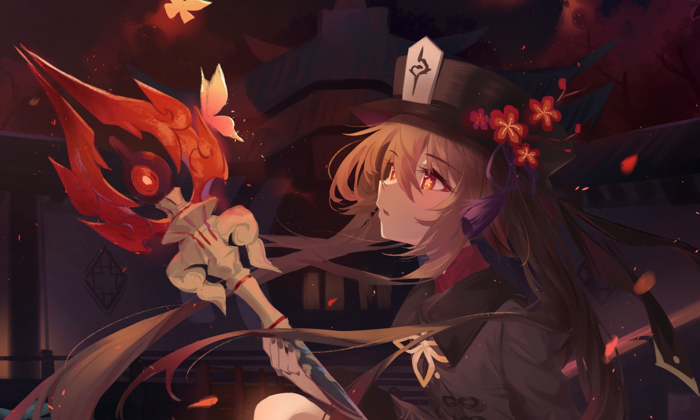 Hu Tao from Genshin Impact with a staff HD Wallpaper