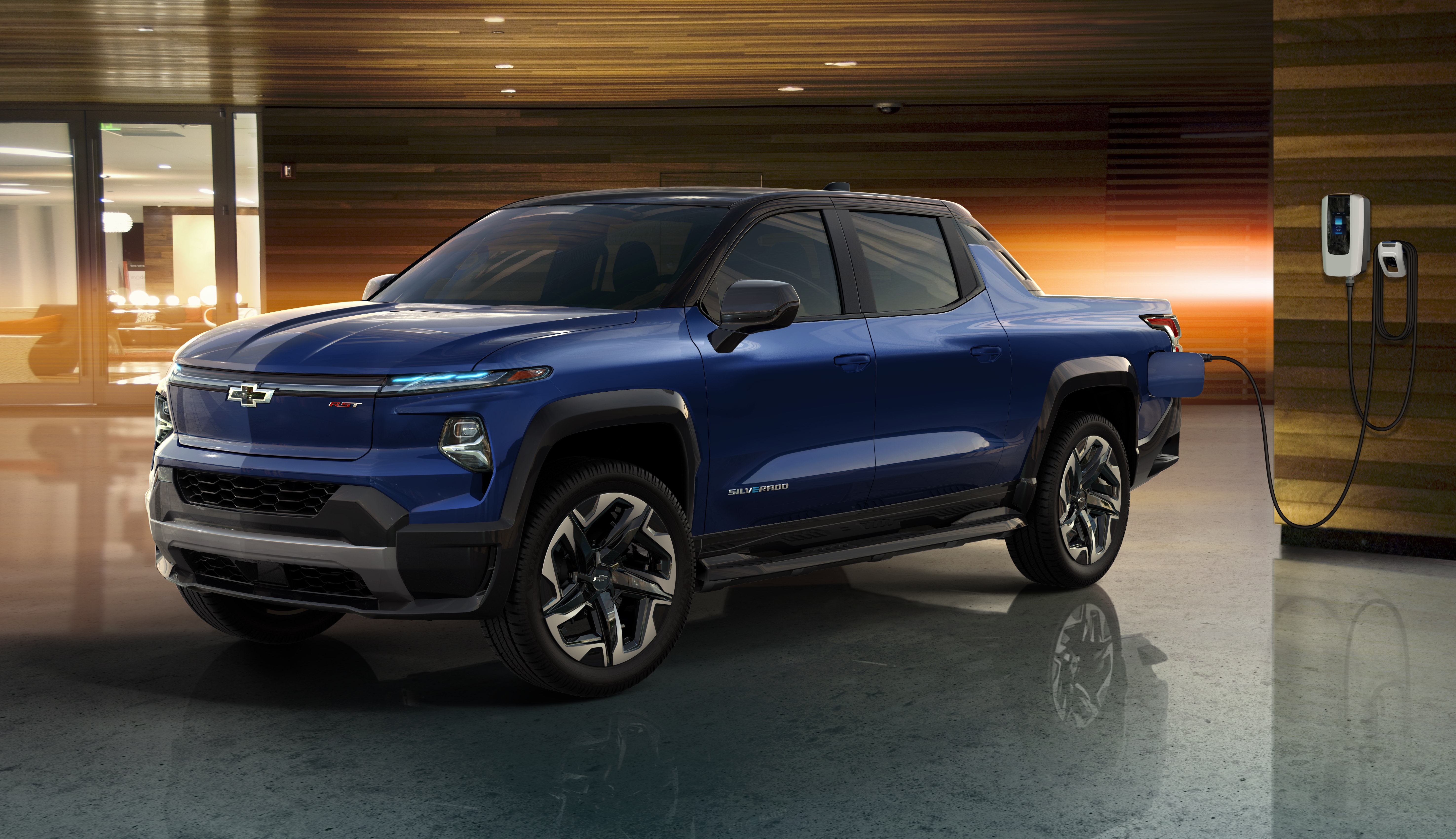 Blue Chevrolet Silverado EV RST Crew Cab charging HD Wallpaper