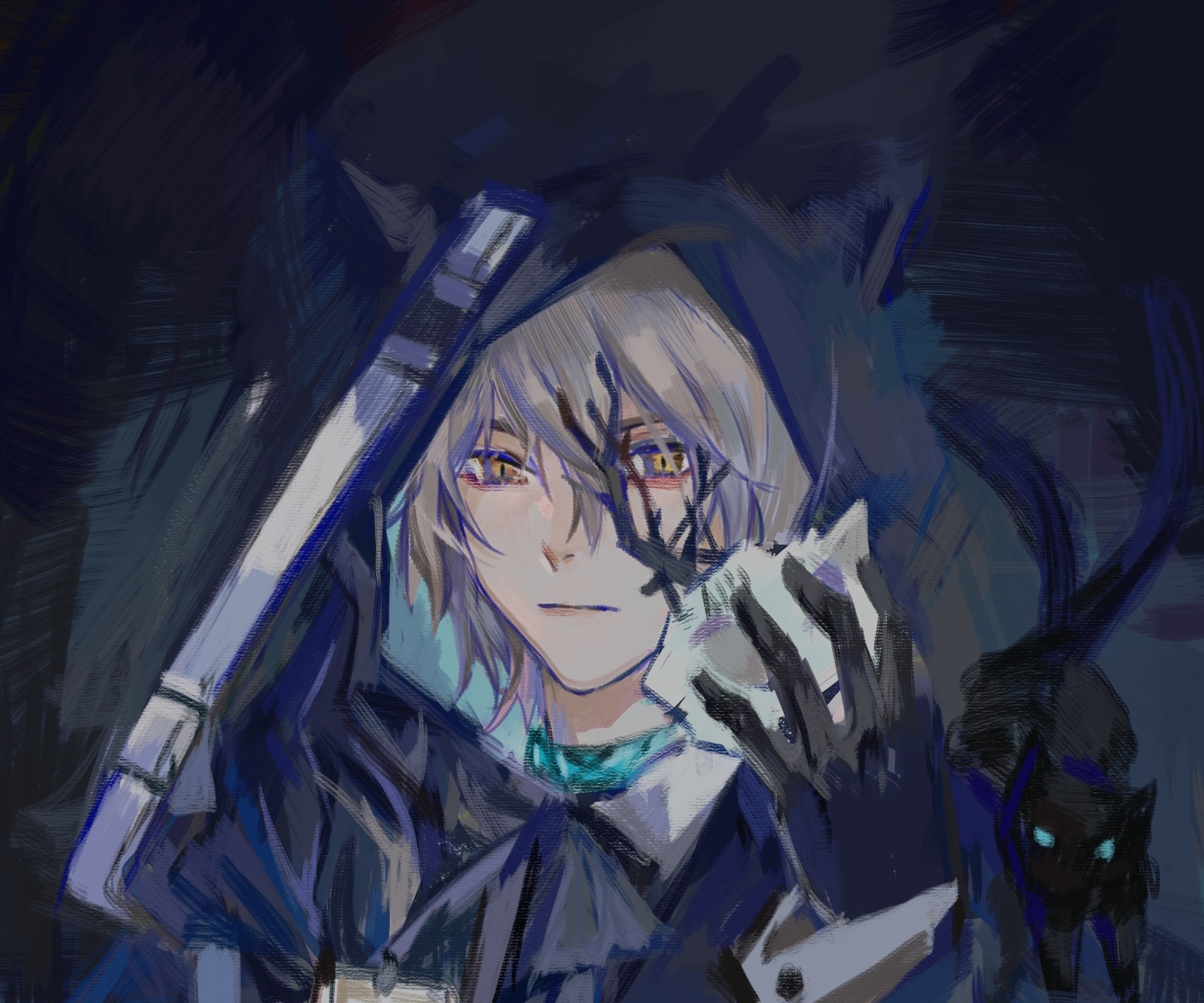 Phantom from Arknights with a black cat HD Wallpaper