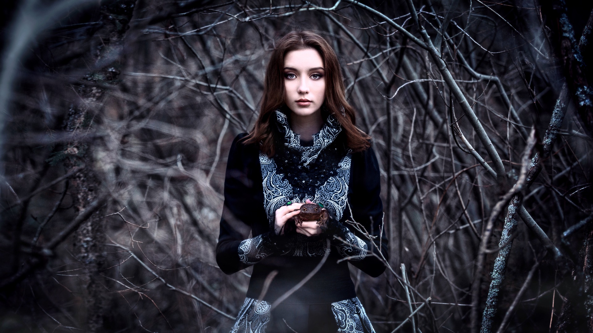 Brunette woman holding a toad in a dark forest HD Wallpaper