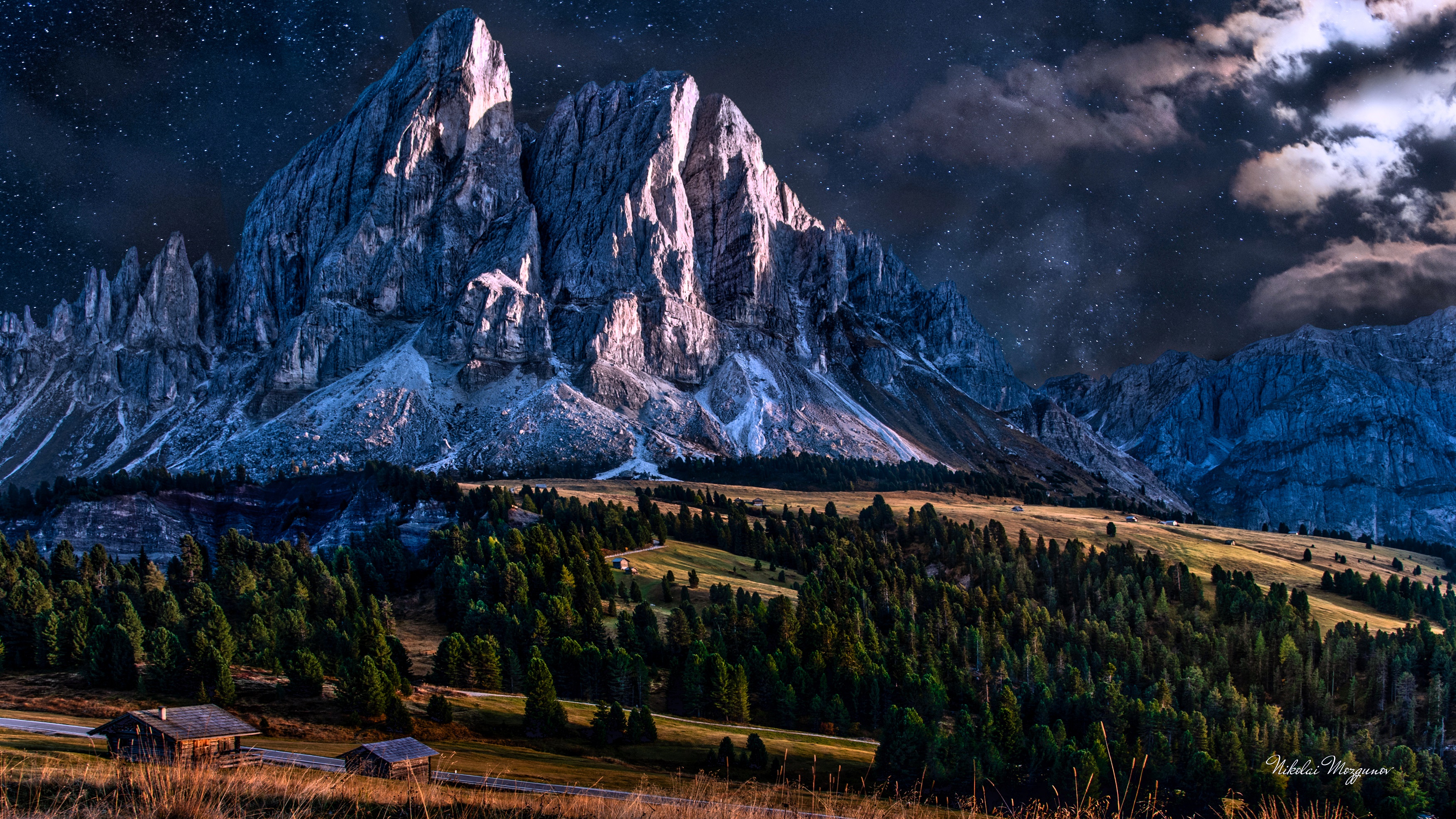 Mountain landscape with starry night sky and cabins HD Wallpaper