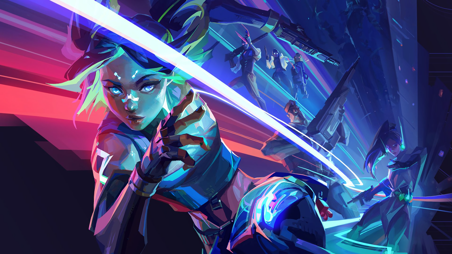 Neon and allies from Valorant in a futuristic battle HD Wallpaper