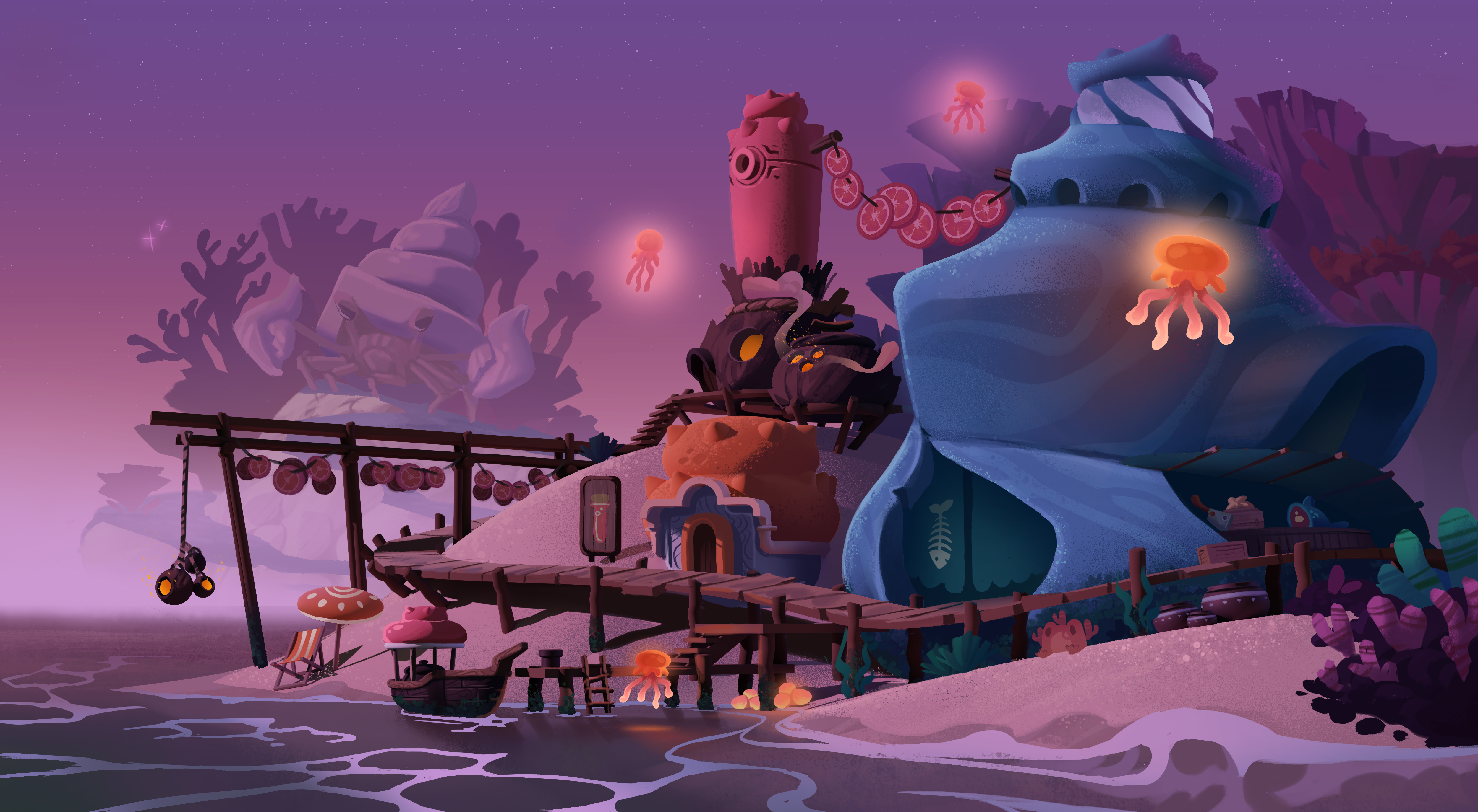 Seashell Sunset Village with Jellyfish HD Wallpaper