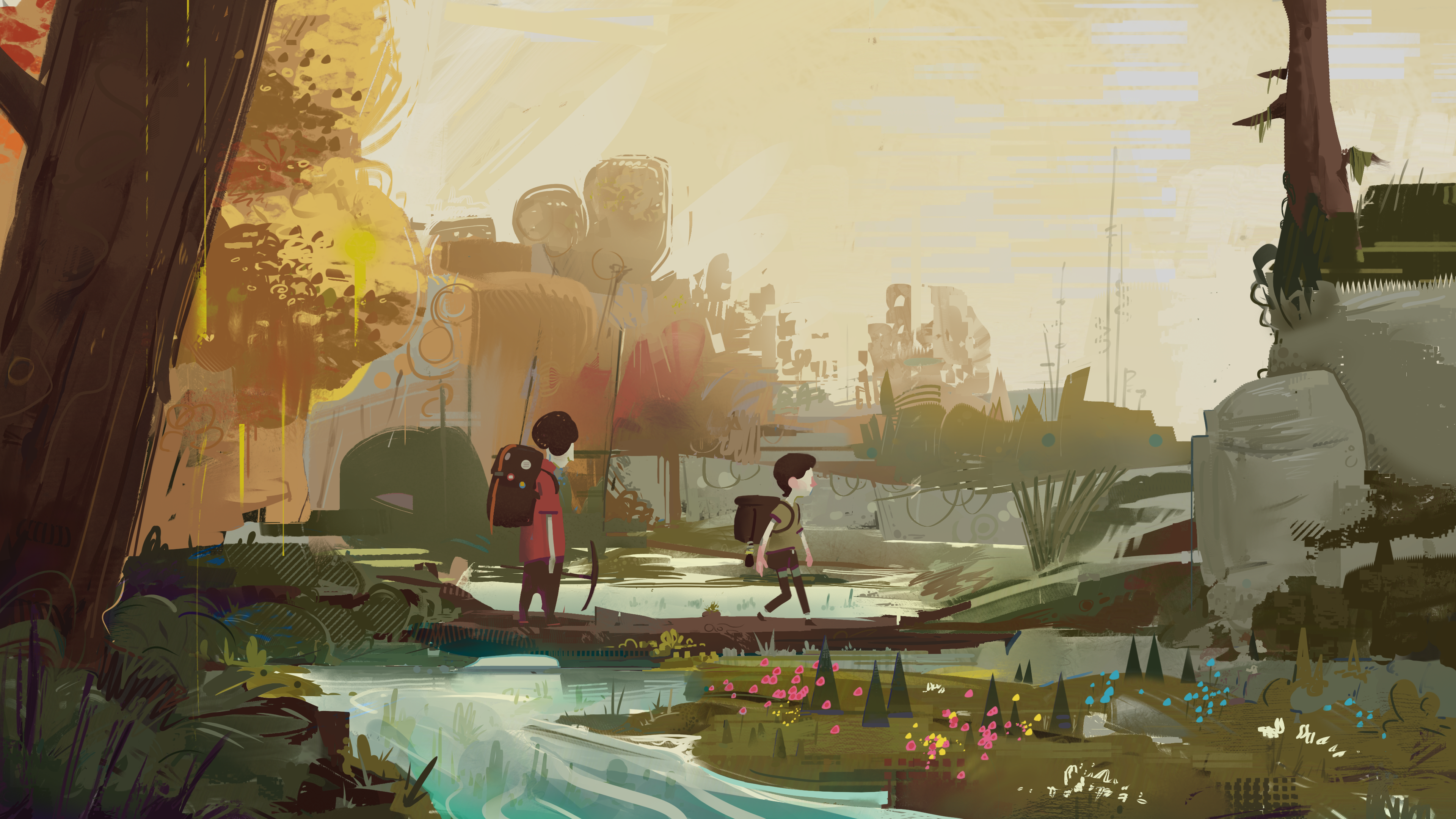 Two children with backpacks crossing a log bridge HD Wallpaper