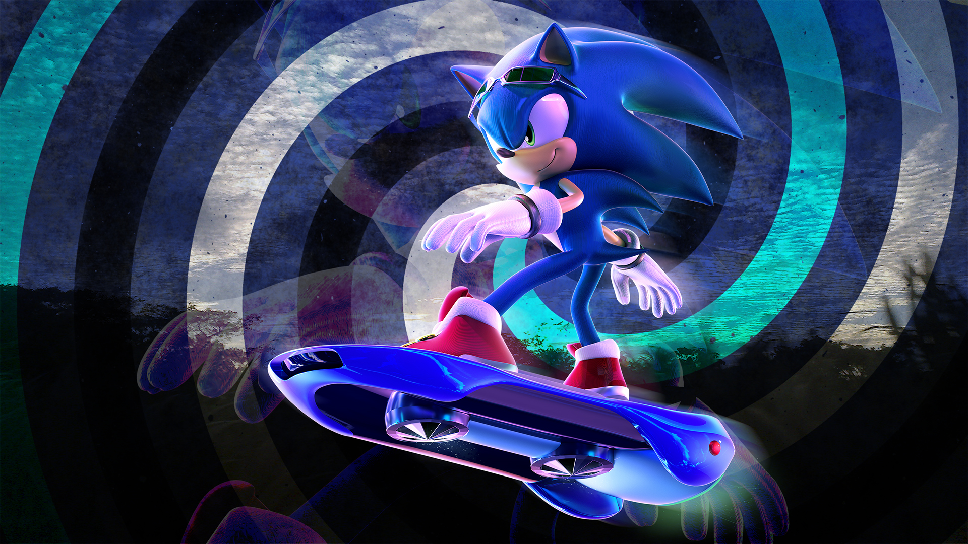 Sonic the Hedgehog surfing on a hoverboard HD Wallpaper
