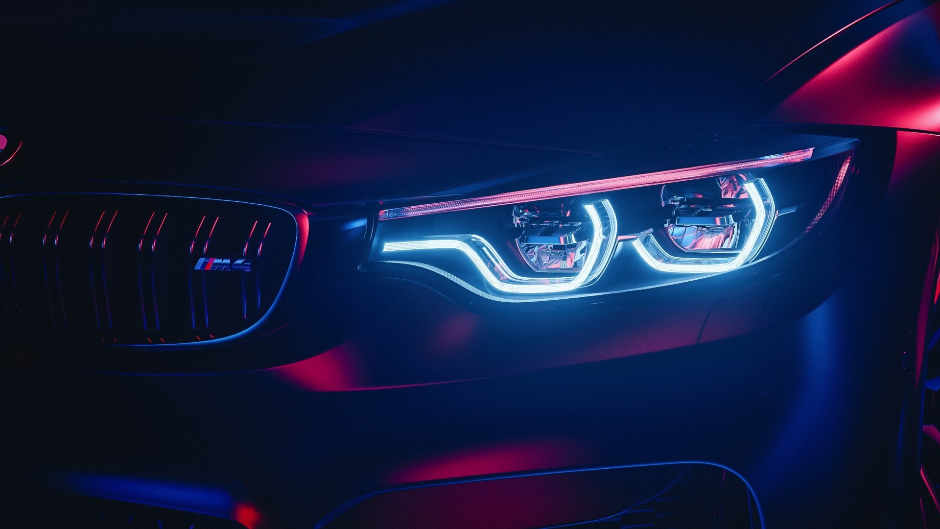 BMW M4 headlights and grille with neon lighting HD Wallpaper