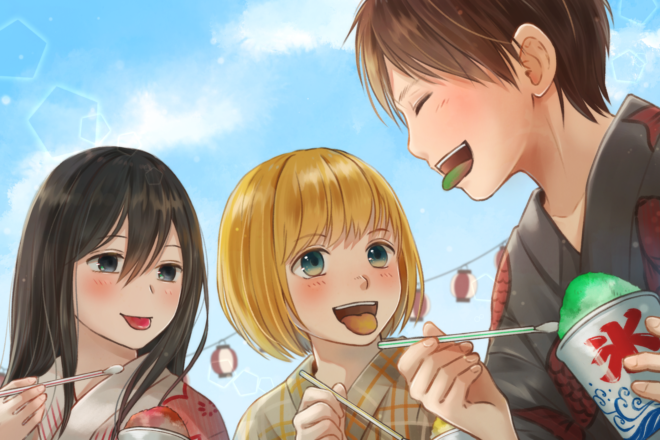 Eren, Armin, and Mikasa from Attack on Titan eating shaved ice HD Wallpaper