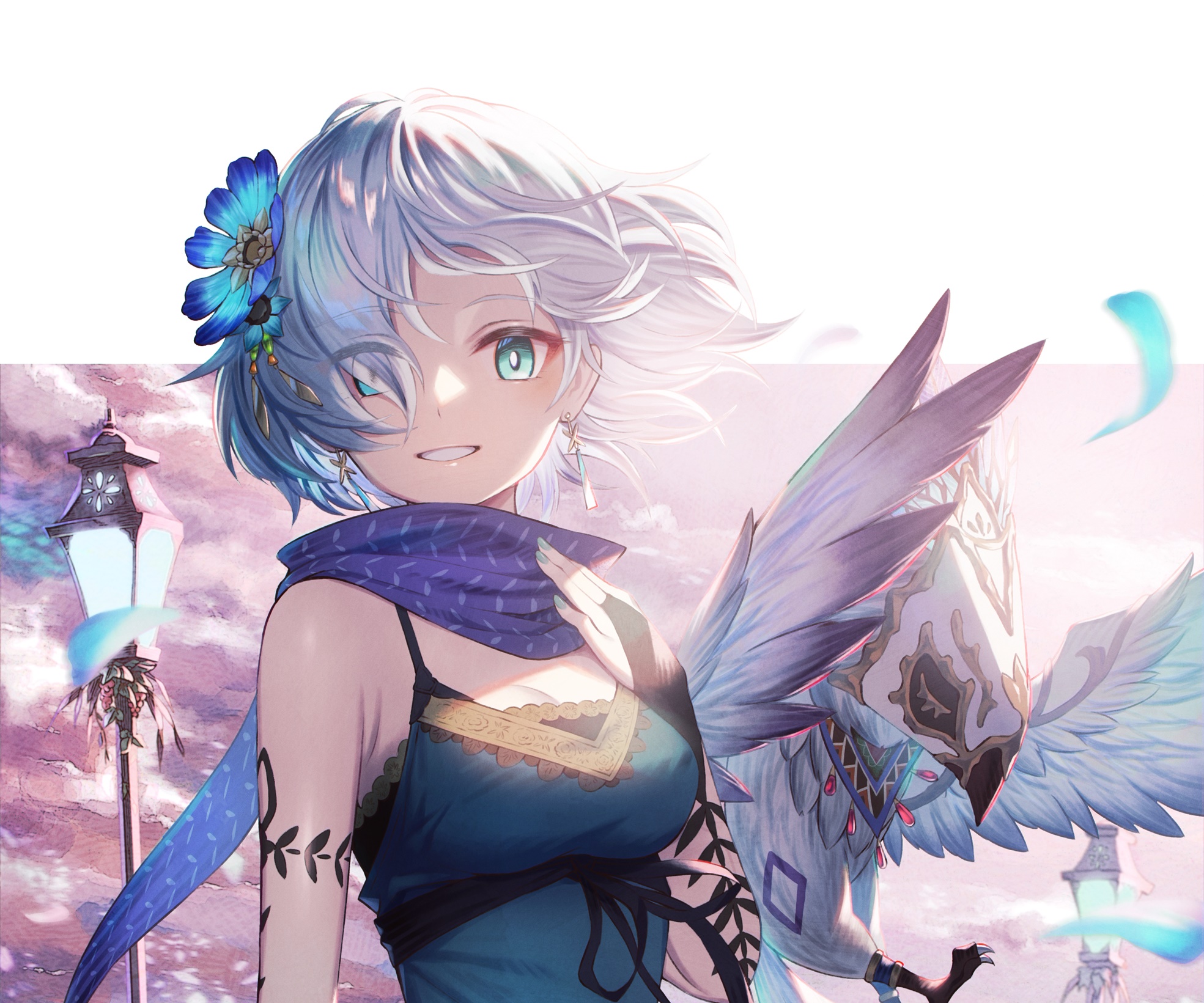 Girl with blue flower and bird-like creature HD Wallpaper
